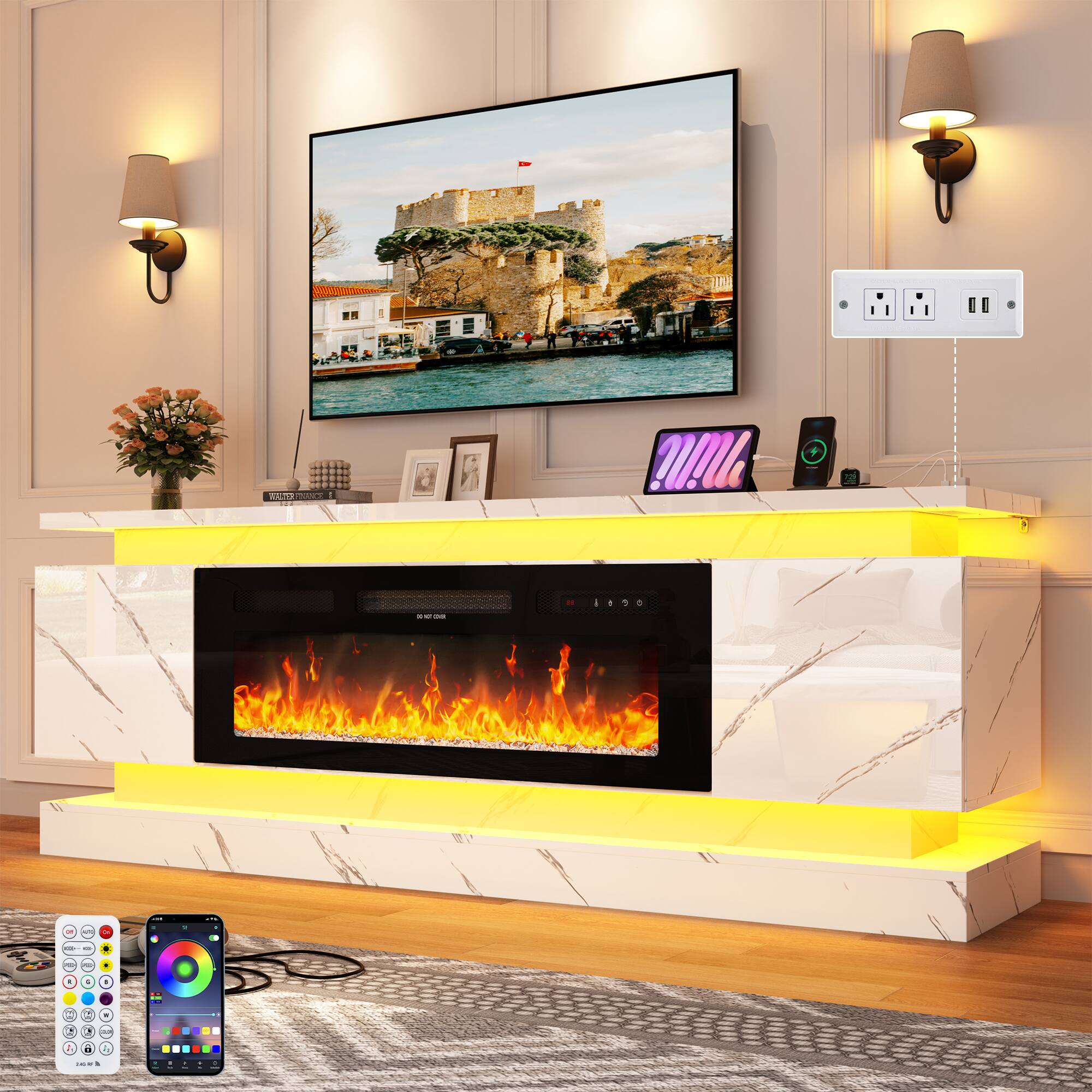 Left. Espafurni - 71" TV Stand w/40" Fireplace & Outlet, High Gloss, 2 Cabinets & Dual LED Lights – Fits 75-85" TV - White Marble.