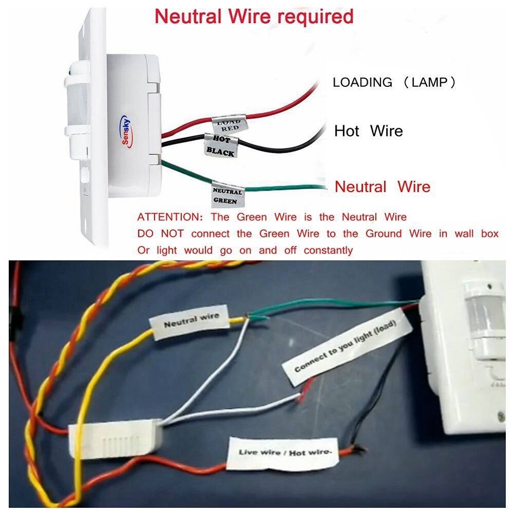 Neutral Wire required

LOADING (LAMP)

Hot Wire

Neutral Wire

ATTENTION: The Green Wire is the Neutral Wire. DO NOT connect the Green Wire to the Ground Wire in wall box. Or light would go on and off constantly.

Connect to your light (load)

Neutral wire

Live wire / Hot wire.