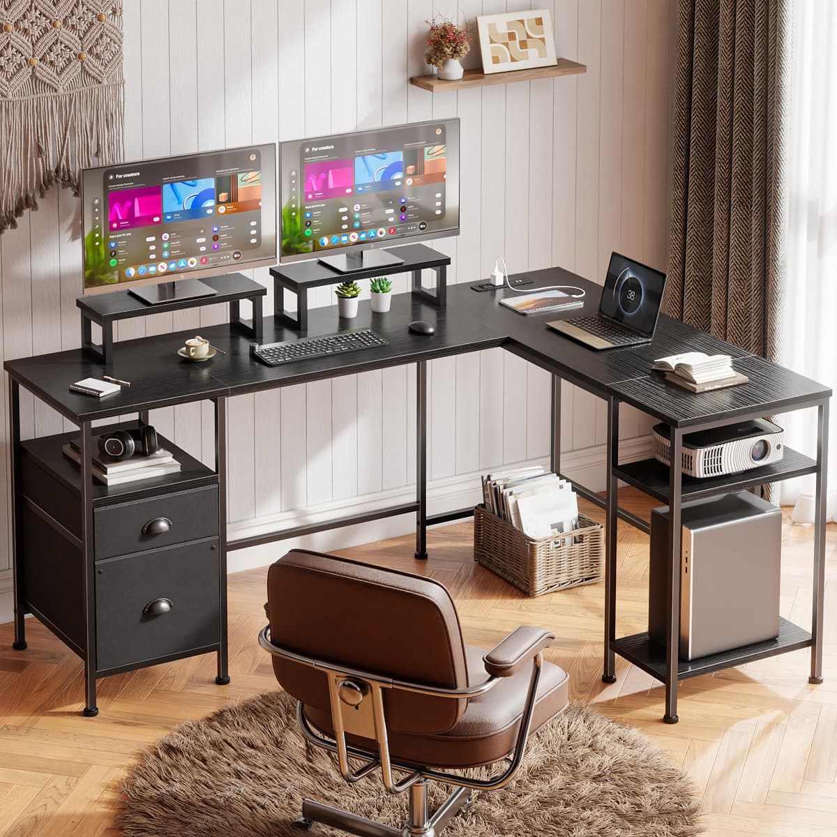 Furnulem - 66 Inch LShaped Computer Desk with Dual Monitor Stands Power Outlet Cabinet Drawers Metal Base Gaming Writing Desk - Black