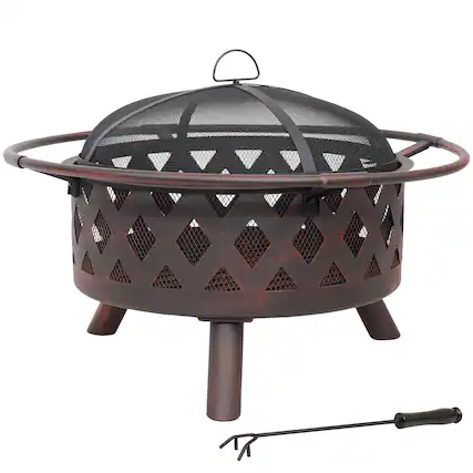 Front. Sunnydaze - 30 in Crossweave Steel Fire Pit with Screen and Poker - Bronze.