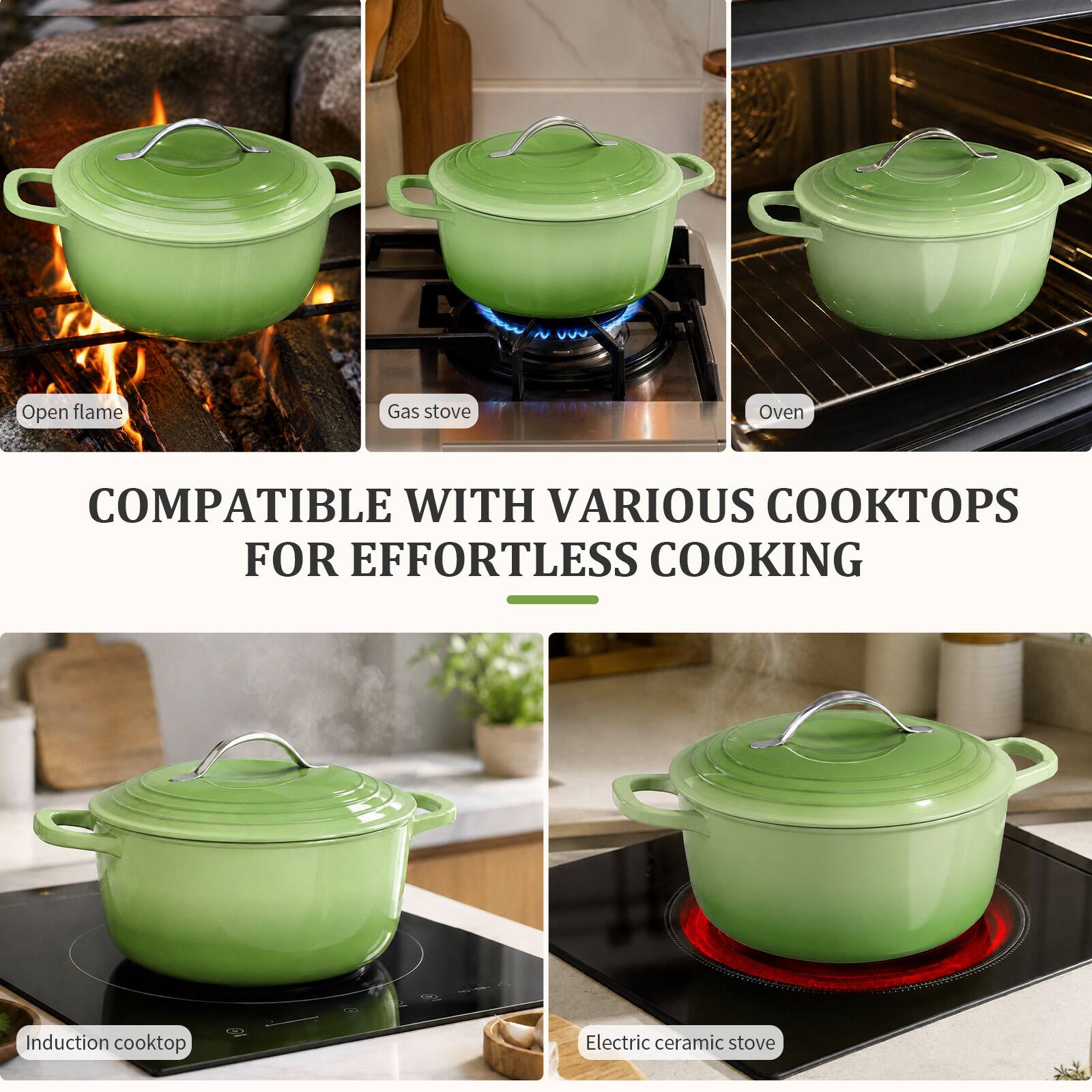 Open flame  
Gas stove  
Oven  
COMPATIBLE WITH VARIOUS COOKTOPS FOR EFFORTLESS COOKING  
Induction cooktop  
Electric ceramic stove