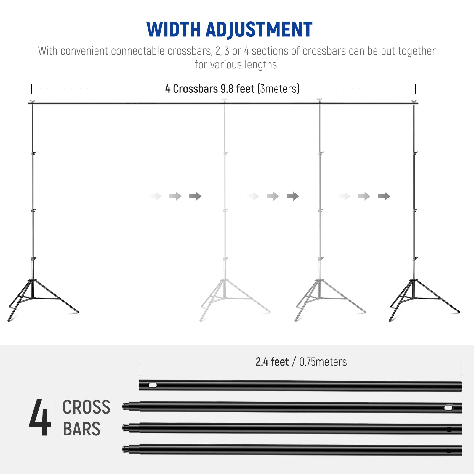 WIDTH ADJUSTMENT

With convenient connectable crossbars, 2, 3 or 4 sections of crossbars can be put together for various lengths.

4 Crossbars 9.8 feet (3 meters)

2.4 feet / 0.75 meters

4 CROSS BARS