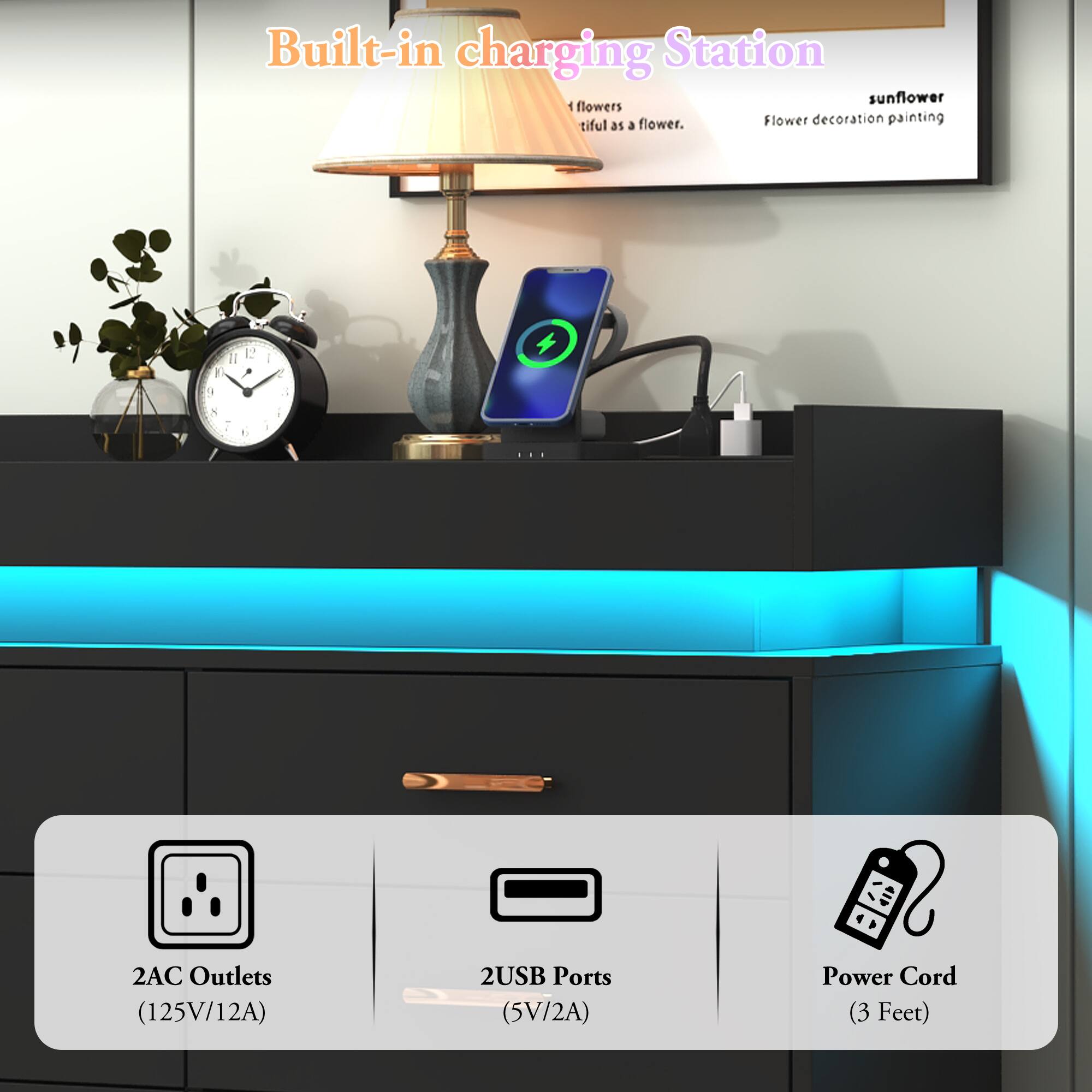 Built-in charging Station sunflower 1 flowers tiful as a flower. Flower decoration painting as Il 2 y , 1 5 a . - i 2  i + 2AC Outlets (125V/12A) 2USB Ports (5V/2A) Power Cord (3 Feet)