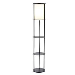 Hivvago - Modern Asian Style Round Shelf Floor Lamp with White Shade - Black