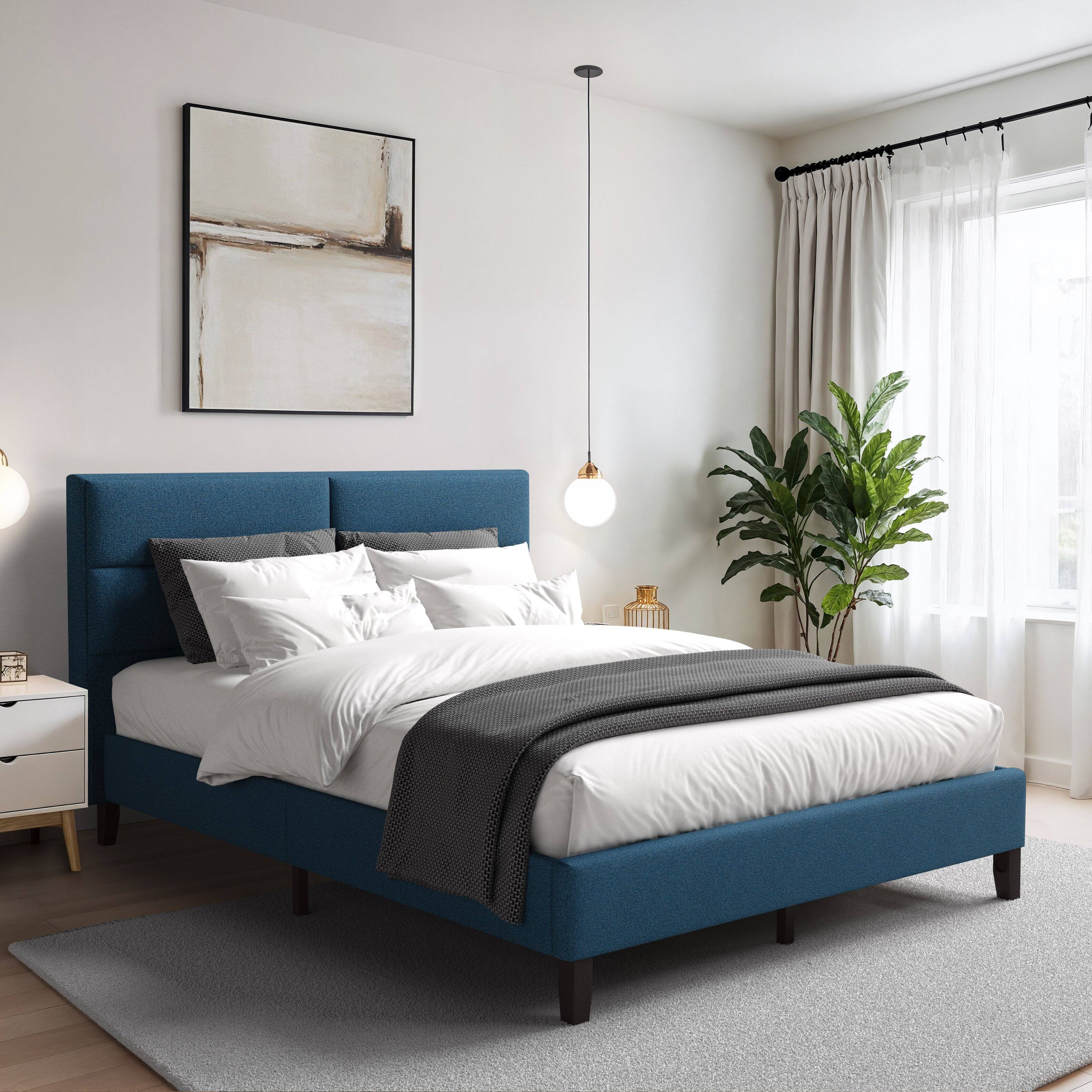 Left. CorLiving - CorLiving Emerson Ocean Blue Upholstered Full/Double Platform Bed Frame with Rectangle Tufted Headboard and Slats - Ocean Blue.