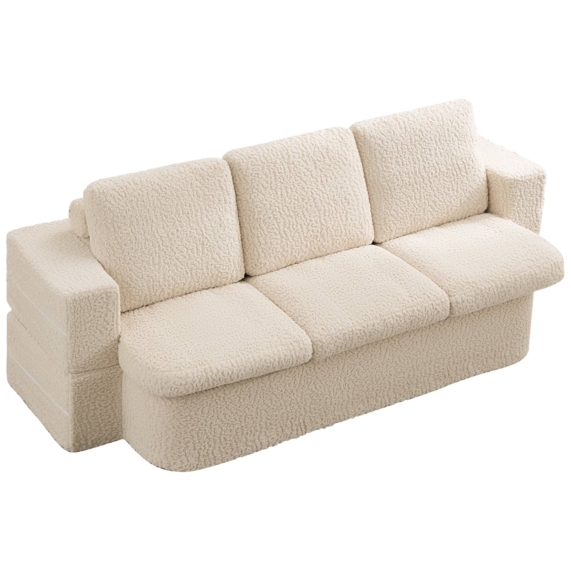 Left. Brick Attic - 80" Convertible Folding Sofa Bed with Teddy Fabric, No Assembly Needed - Beige.