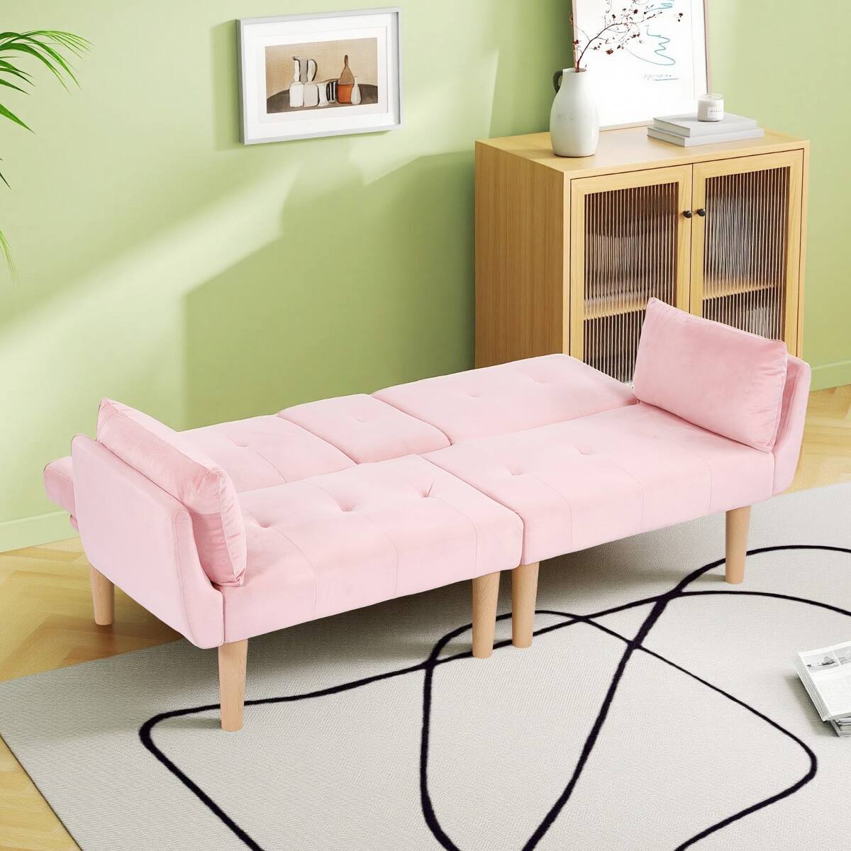 Alt View 2. Ropilly - Ropilly Pink Velvet Loveseat Foldable Sofa, 72 Inch Upholstered Couch for Small Living Room Apartment - Pink.