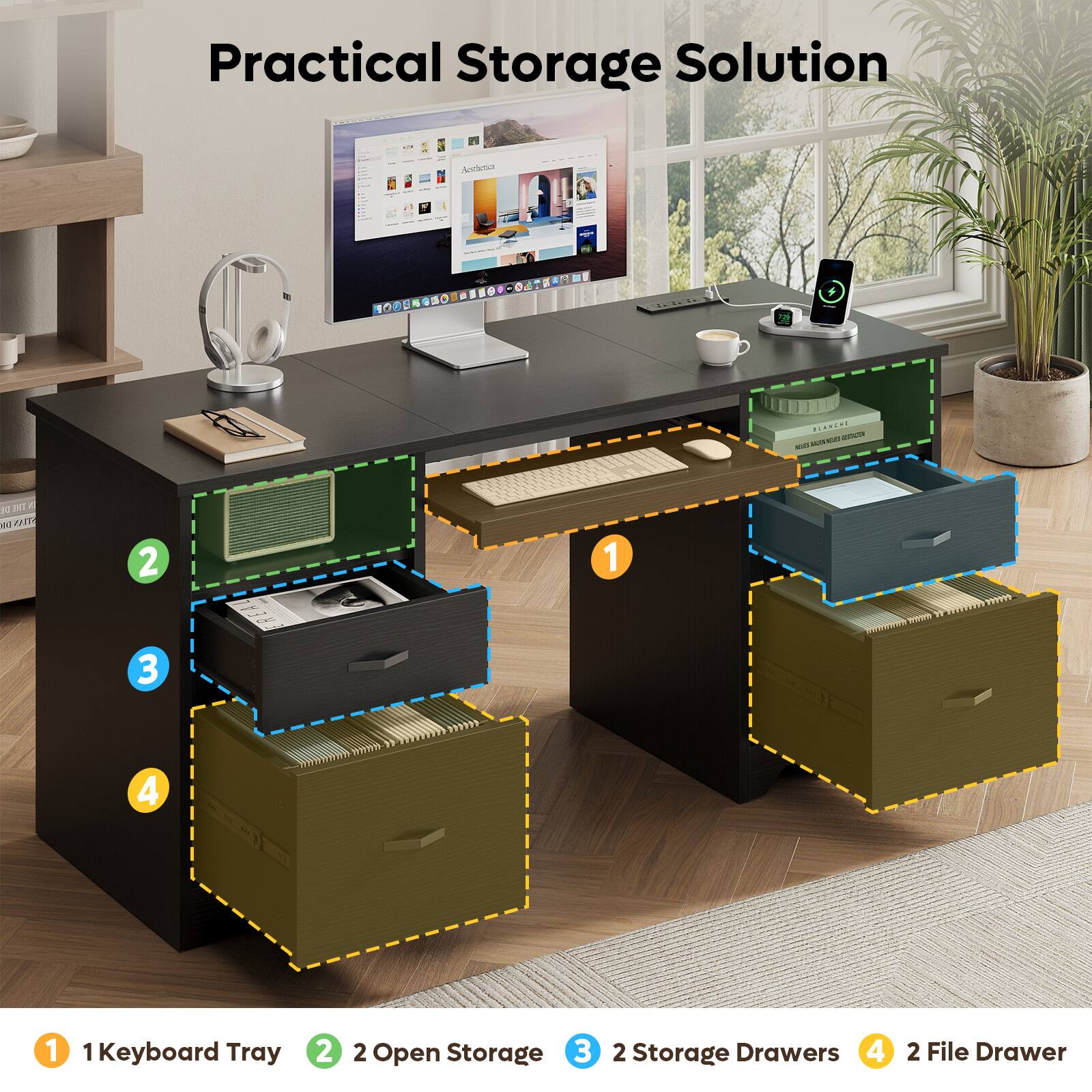 Practical Storage Solution

1. Keyboard Tray
2. 2 Open Storage
3. 2 Storage Drawers
4. 2 File Drawer
