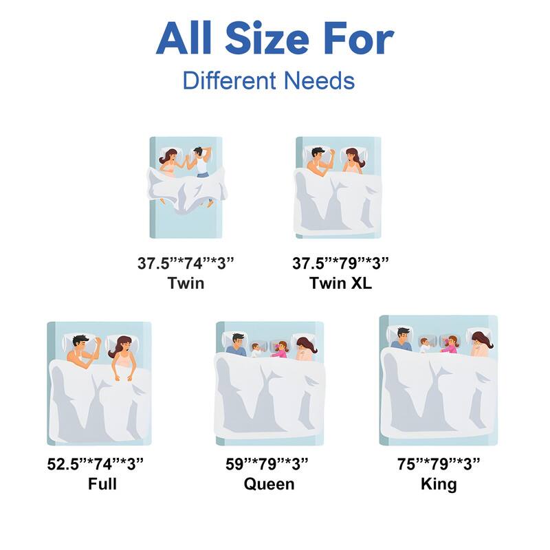 All Size For Different Needs

- 37.5" x 74" x 3" Twin
- 37.5" x 79" x 3" Twin XL
- 52.5" x 74" x 3" Full
- 59" x 79" x 3" Queen
- 75" x 79" x 3" King