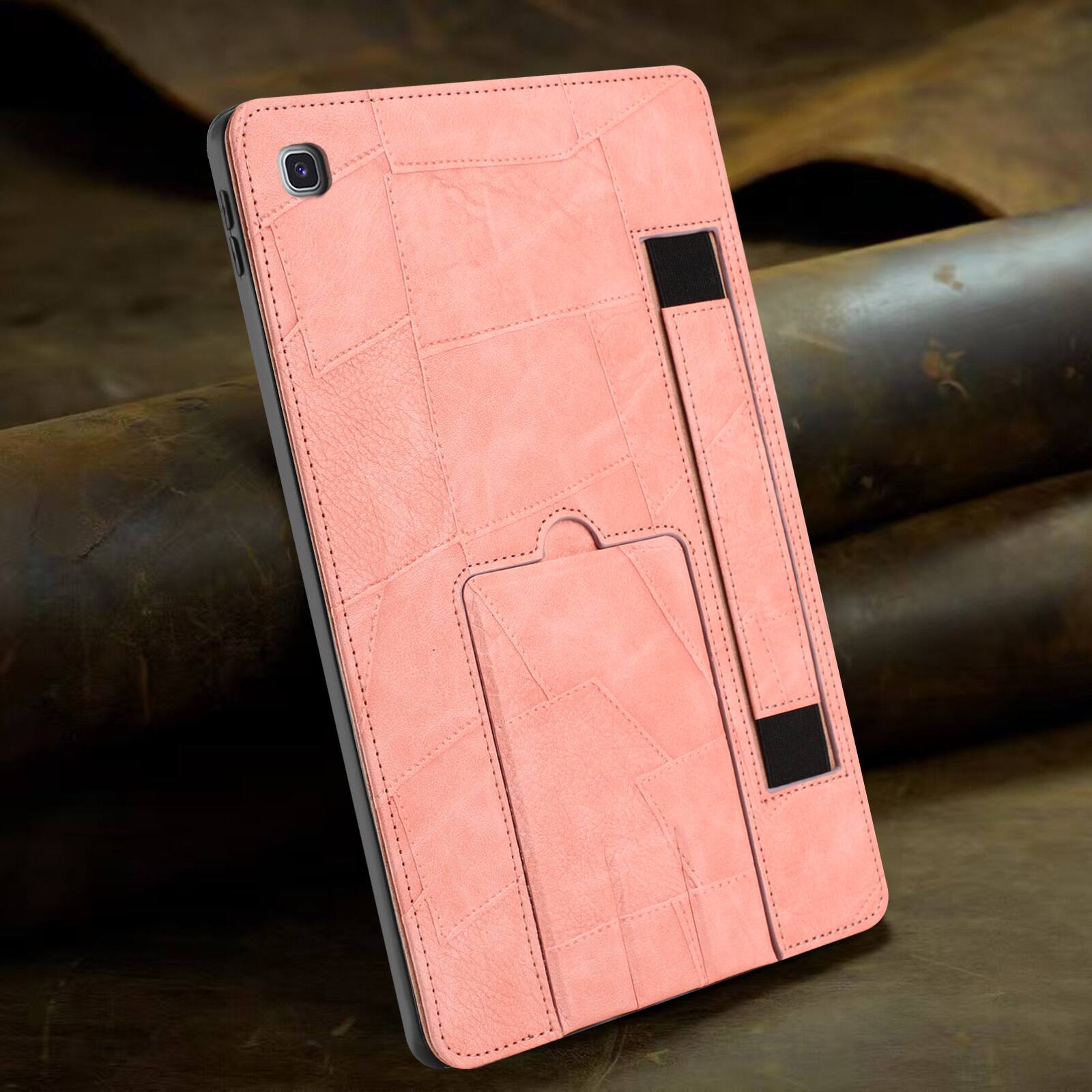 Left. Dteck - Leather Texture Case for Samsung Galaxy Tab S6 Lite, Shockproof Cover with Multi-Angle Stand and Secure Hand Strap - Pink.