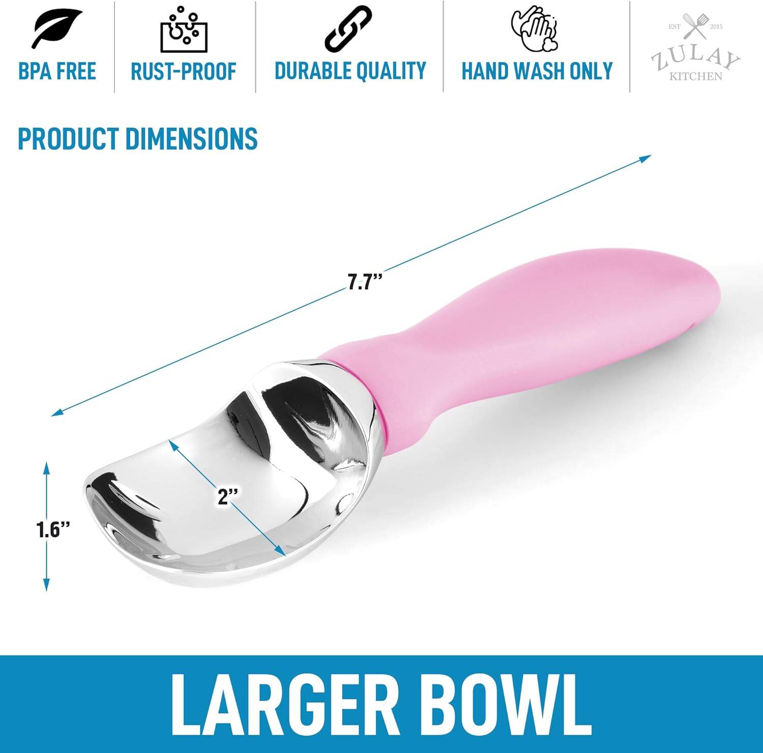 BPA FREE  
RUST-PROOF  
DURABLE QUALITY  
HAND WASH ONLY  

PRODUCT DIMENSIONS  
7.7"  
1.6"  
2"  

LARGER BOWL