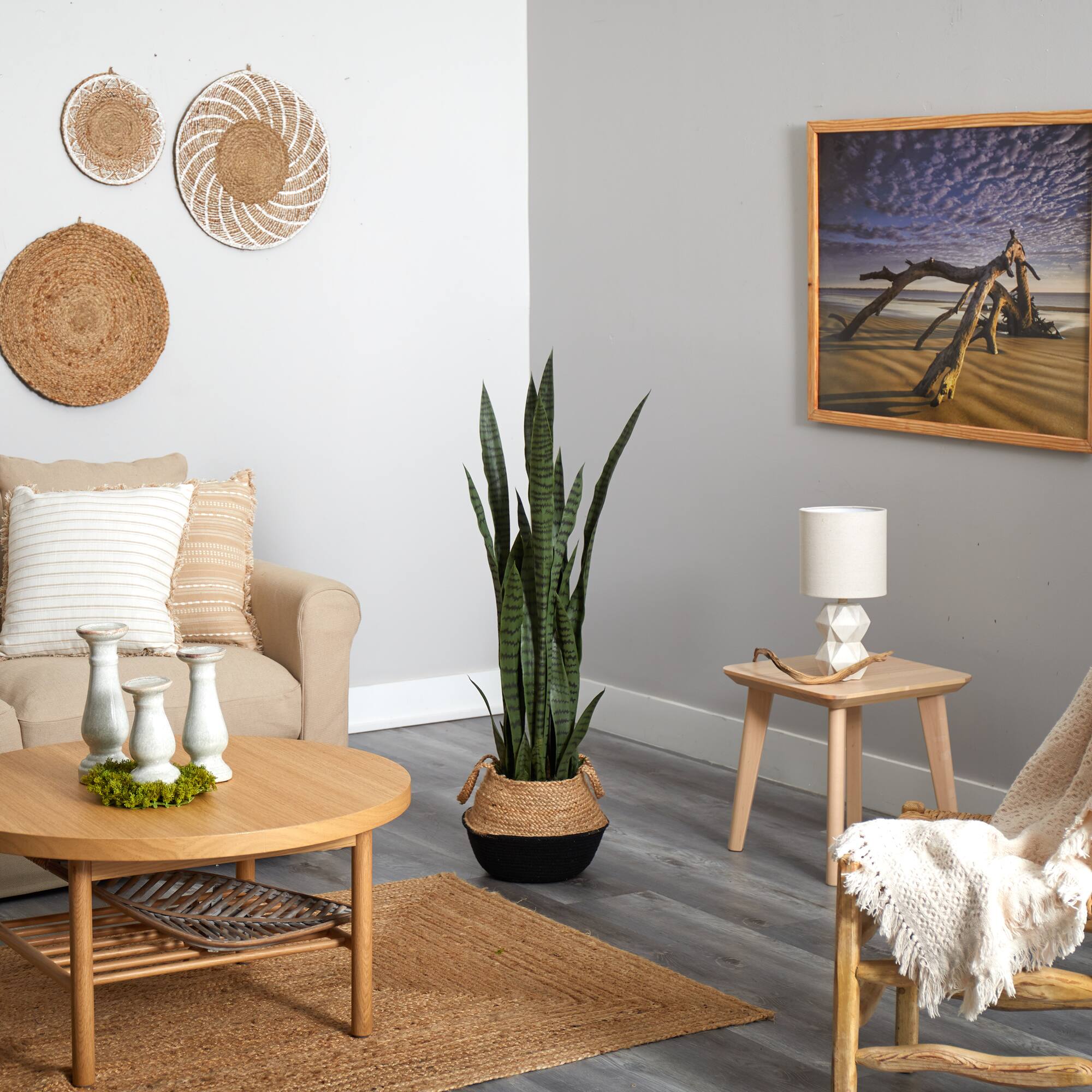 Back. BreeBe - 46" Sansevieria Plant in Cotton & Jute Black Woven Planter - Green.