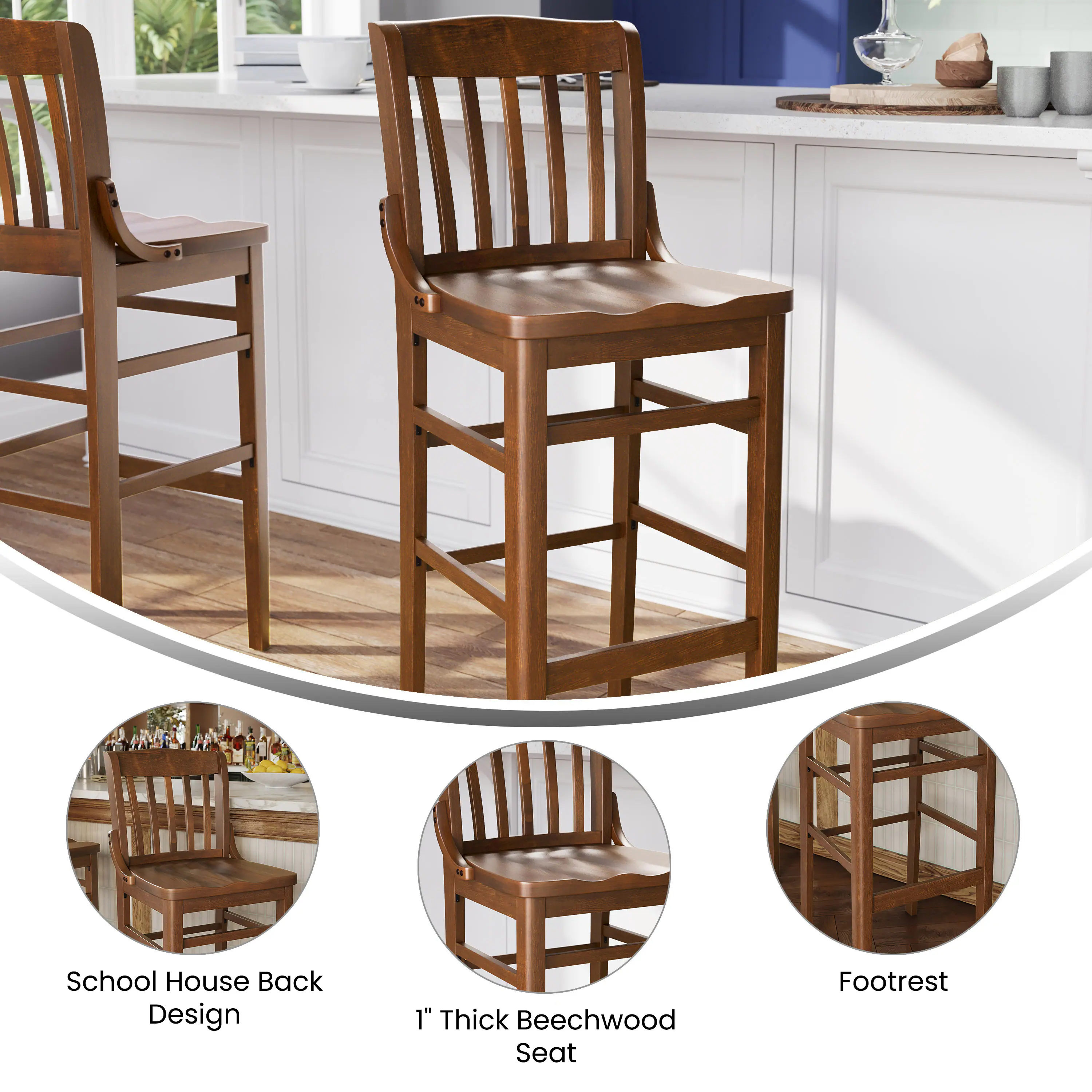 School House Back Design  
1" Thick Beechwood Seat  
Footrest
