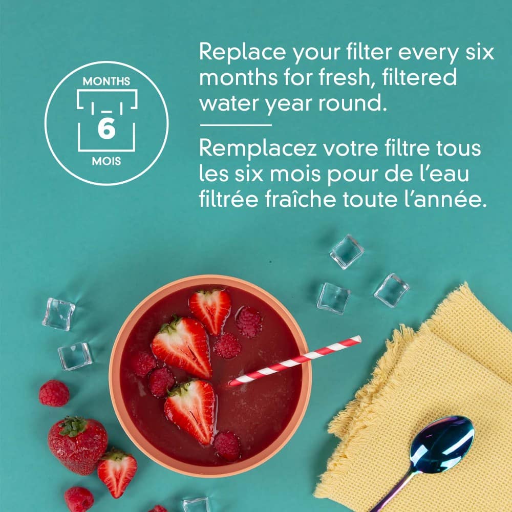 Replace your filter every six months for fresh, filtered water year round. Remplacez votre filtre tous les six mois pour de l'eau filtre frache toute l'annee.