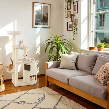 Front. BreeBe - Tall 60-Inch Feline Activity Tree Featuring Dual-Level Hideout and Sisal Columns - Natural.