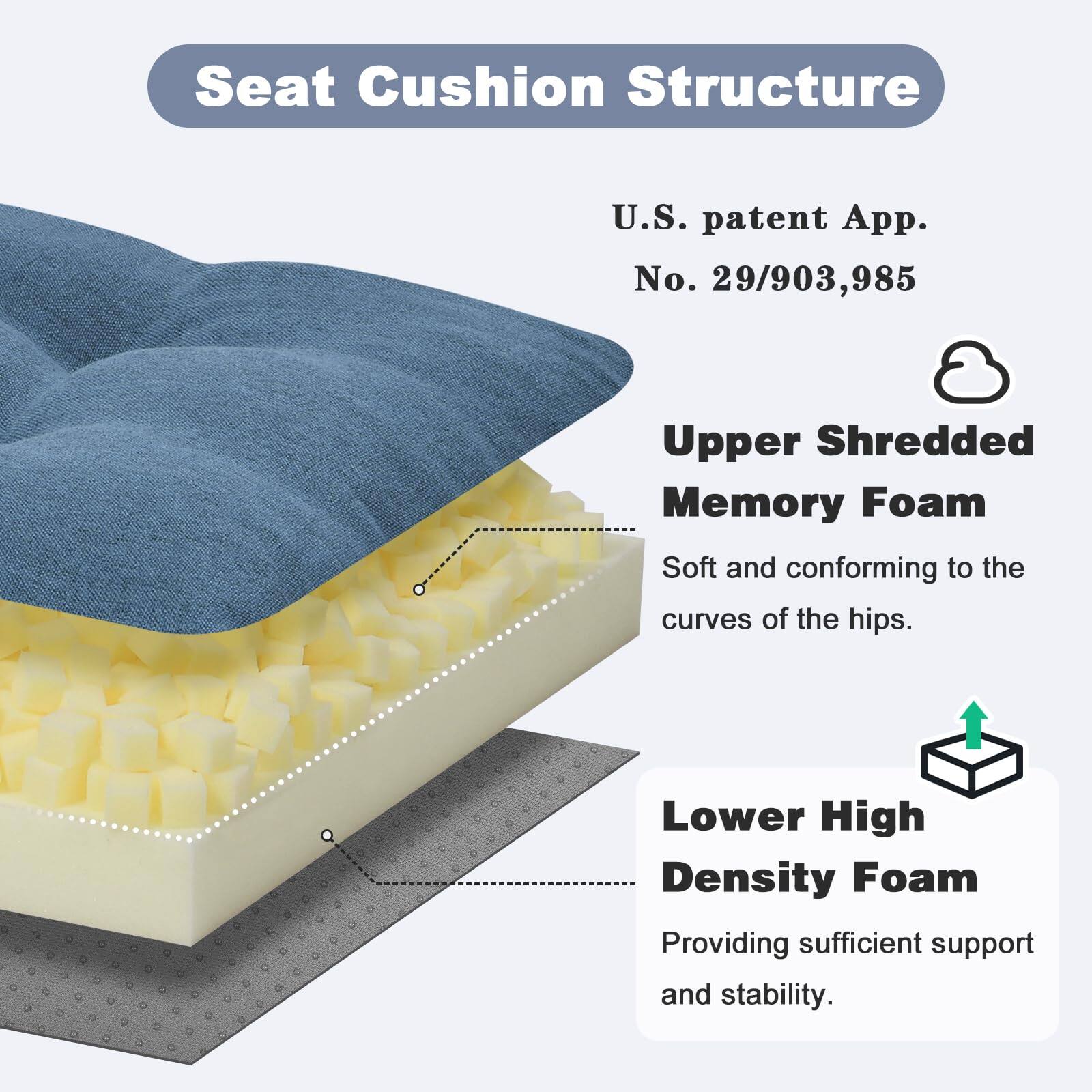 Seat Cushion Structure

U.S. patent App. No. 29/903,985

Upper Shredded Memory Foam  
Soft and conforming to the curves of the hips.

Lower High Density Foam  
Providing sufficient support and stability.