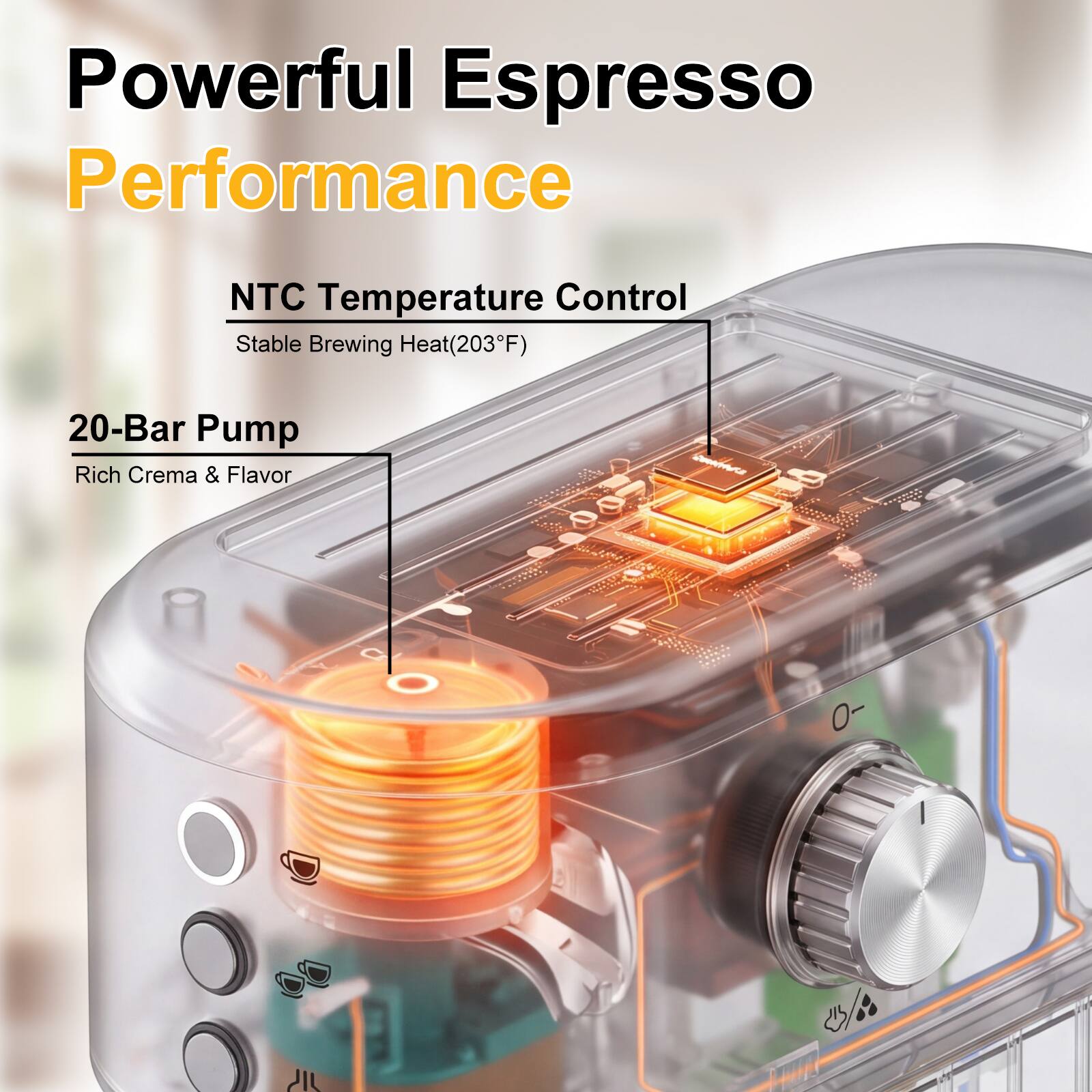 Powerful Espresso Performance

NTC Temperature Control
Stable Brewing Heat(203°F)

20-Bar Pump
Rich Crema & Flavor