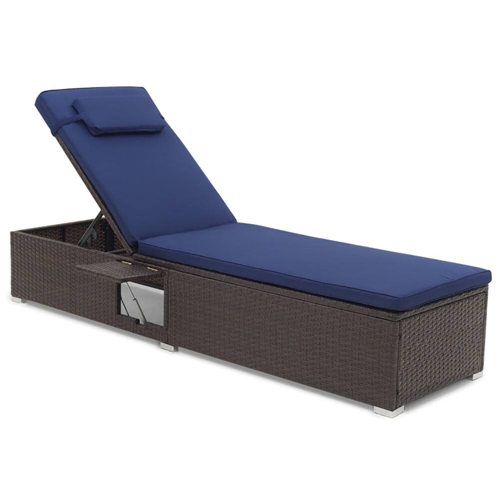 Back. Kadyn - Outdoor Chaise Lounge Chair, Outdoor PE RattanChaise Lounge with 6-level Backrest-Navy - Blue.