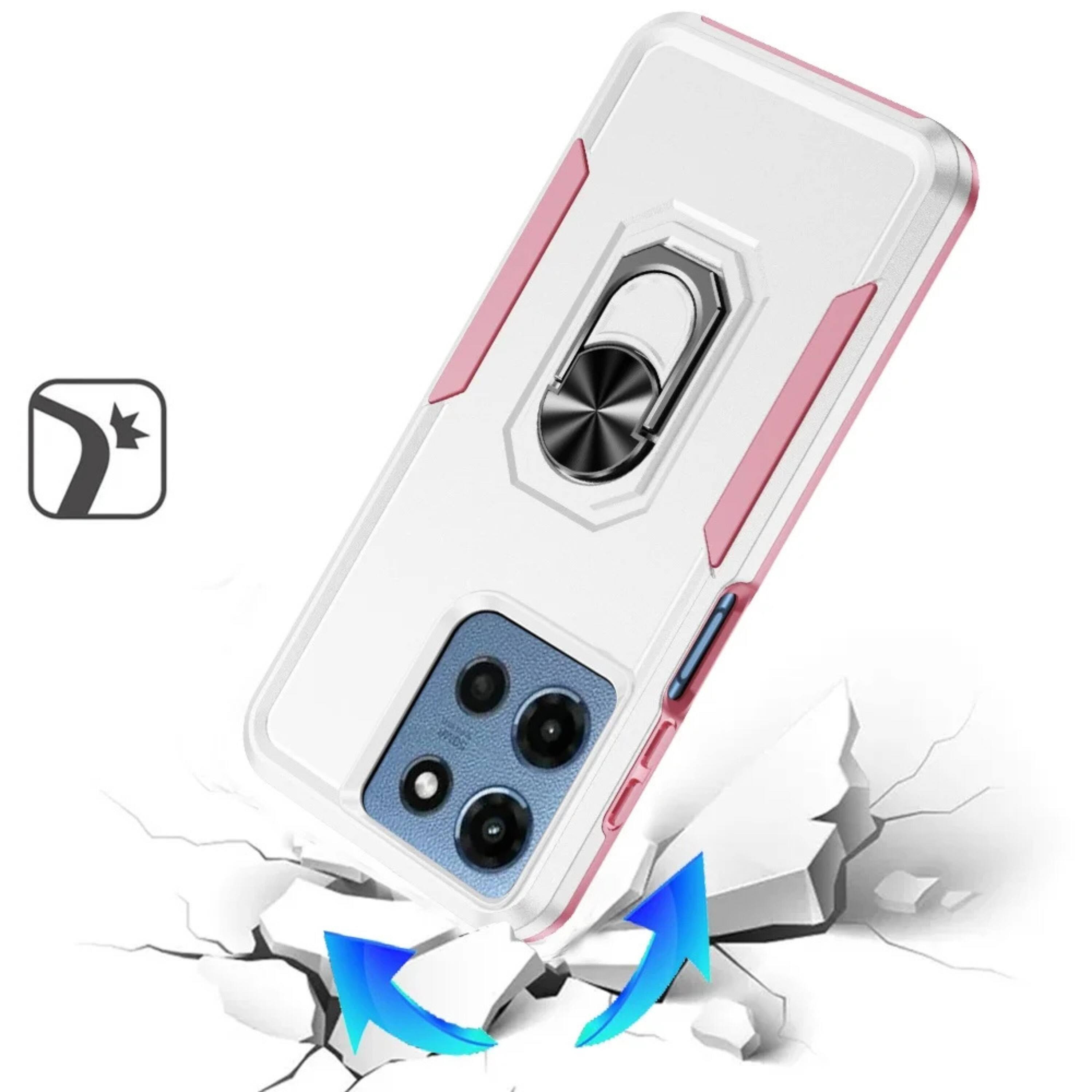 Angle. Kitcheniva - Hard Outer Shell Soft Inner Rubber Phone Case With Metal Ring Stand Tempered Glass For Moto G 2025/2026/ Play 2026 White - White.