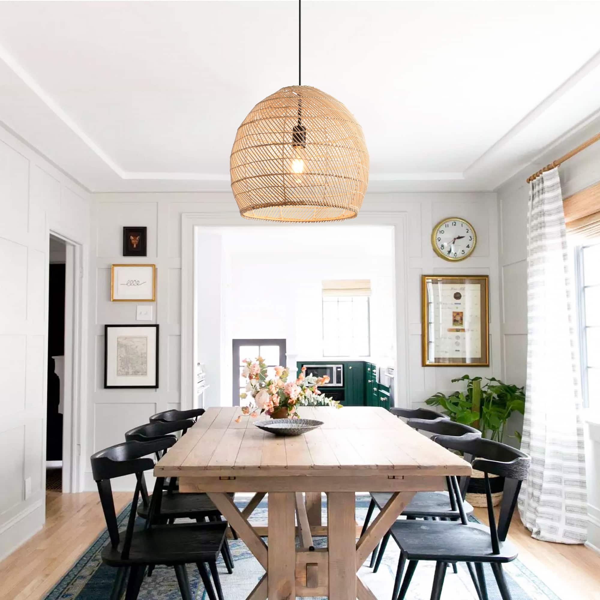 Front. Parrot Uncle - 1-Light Coasta Style Brown Hand-Woven Rattan Cloche Hanging Pendant Light.