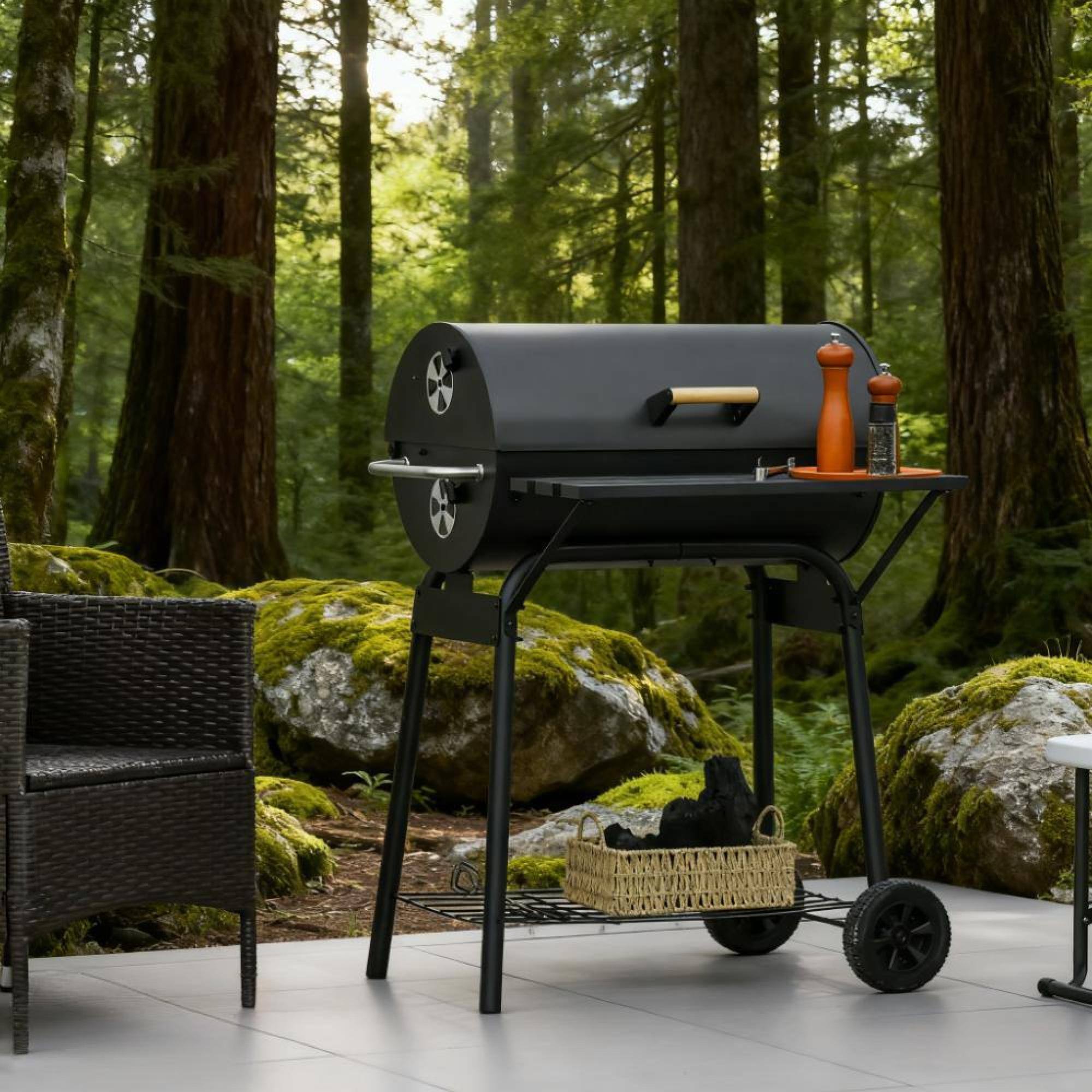 Angle. GOODSILO - 30-Inch Portable Charcoal Grill with Adjustable Cooking Grates and Wheels for Outdoor Barbecue - Black.