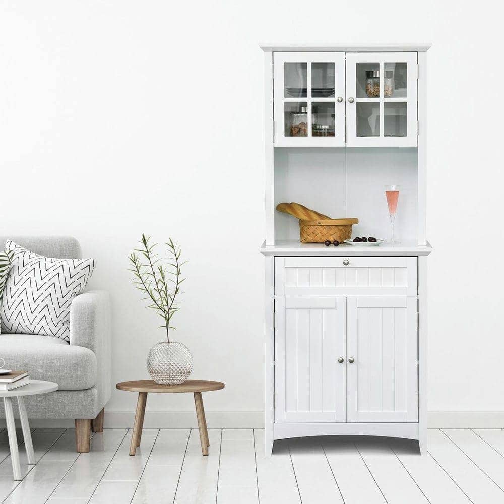 Kadyn - Kitchen Buffet Hutch with Glass Door, Drawer & Microwave Space - White