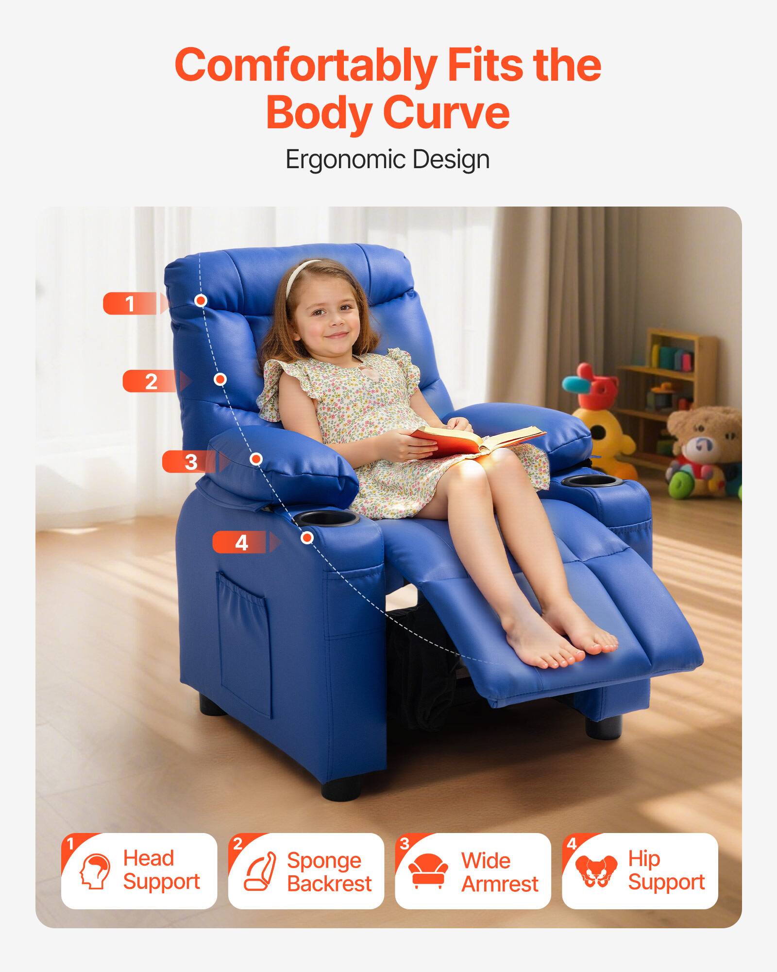 Comfortably Fits the Body Curve  
Ergonomic Design  

1. Head Support  
2. Sponge Backrest  
3. Wide Armrest  
4. Hip Support