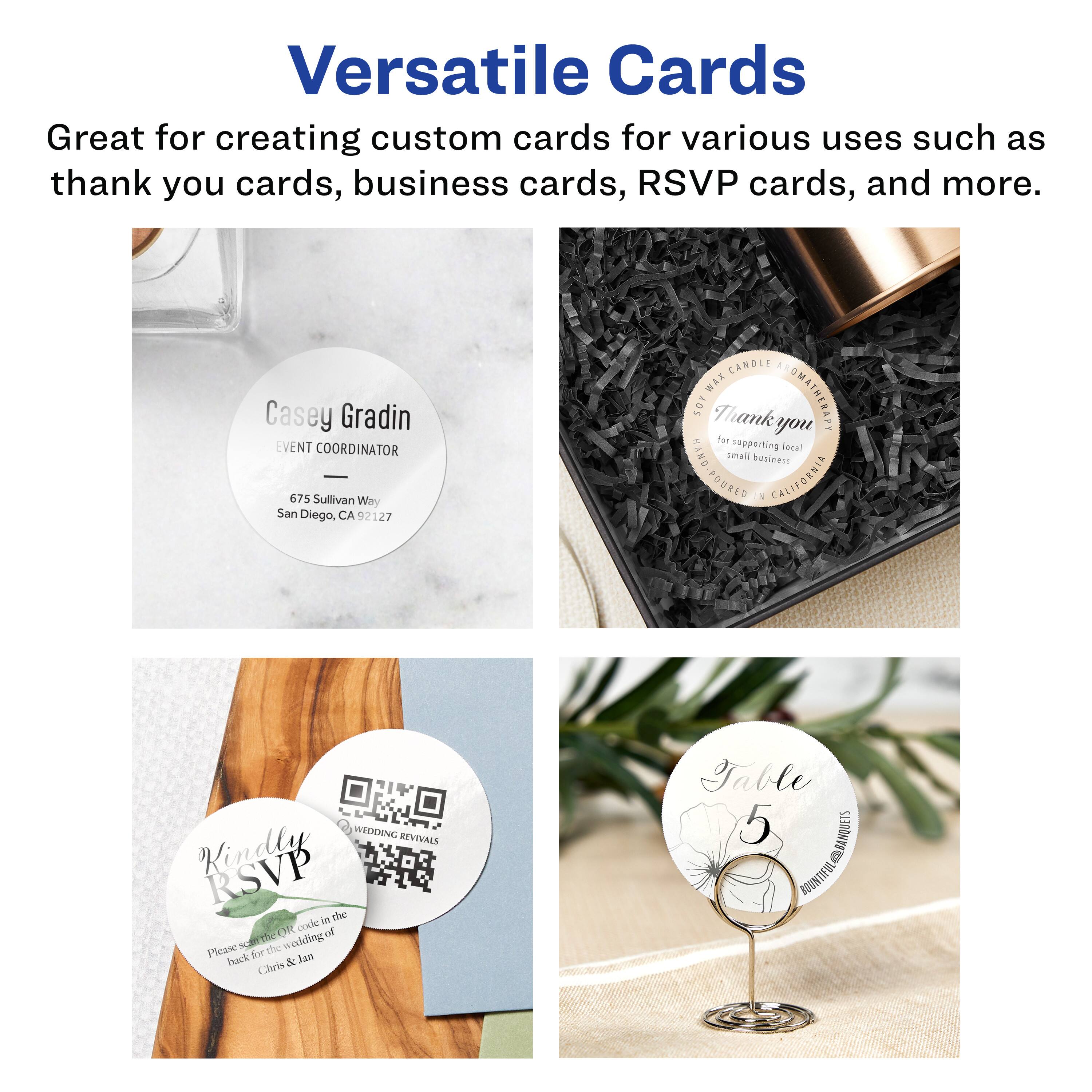 Versatile Cards

Great for creating custom cards for various uses such as thank you cards, business cards, RSVP cards, and more.

Casey Gradin  
EVENT COORDINATOR  
675 Sullivan Way  
San Diego, CA 92127

Thank you for supporting local small business  
POURED IN CALIFORNIA

Kindly RSVP  
Please send your cards in the back for the wedding of  
Chris & Ian

Table 5  
WEDDING REVIVALS