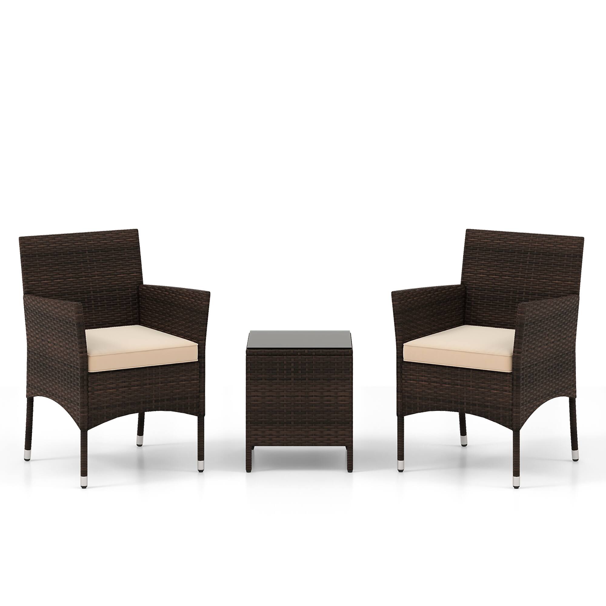 Alt View 1. Gymax - Gymax 3 PCS Outdoor Conversation Set w/ Cushioned Seat & Tempered Glass Tabletop - Mix Brown.