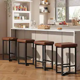 GARVEE - Bar Stools Set of 4, 24.6" Counter Height Backless Barstools, Upholstered PU Leather Seats with Metal X-Frame - Brown