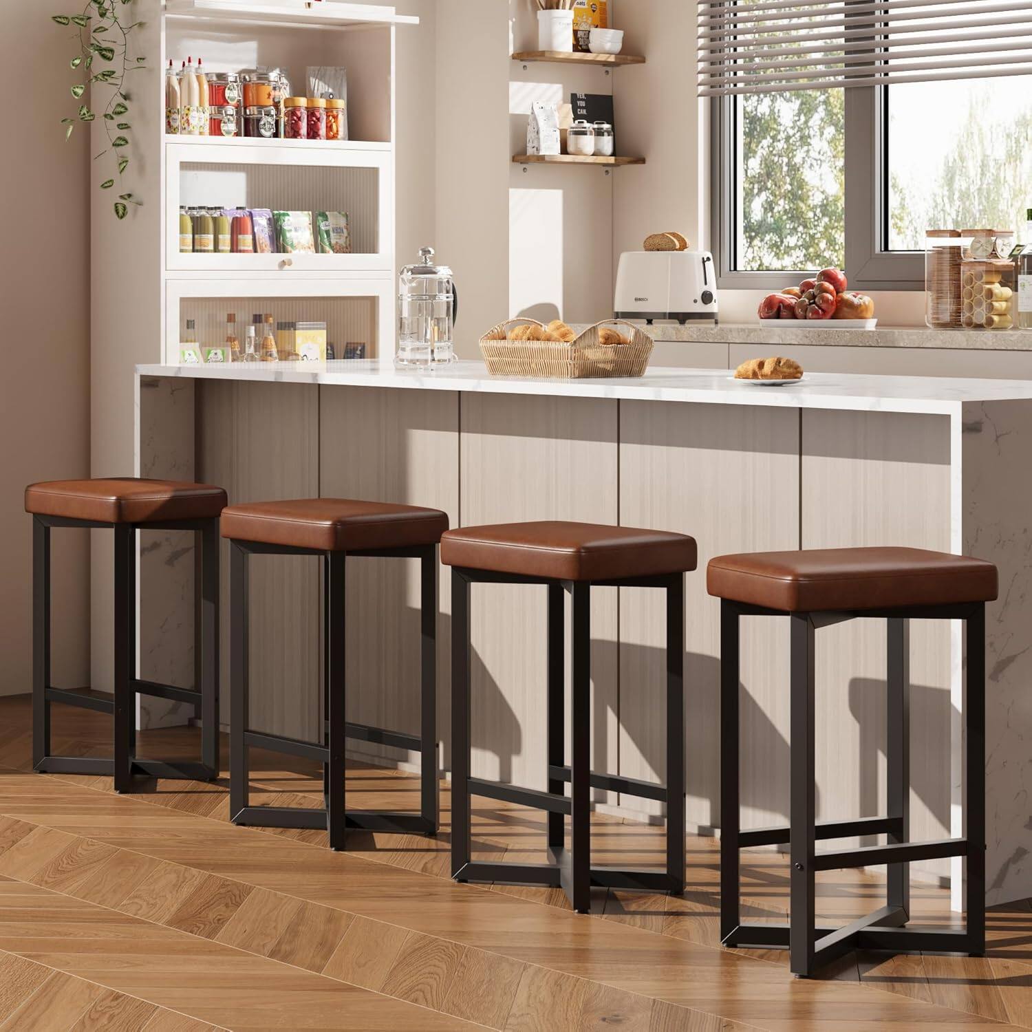 Front. GARVEE - Bar Stools Set of 4, 24.6" Counter Height Backless Barstools, Upholstered PU Leather Seats with Metal X-Frame, Brown - Brown.