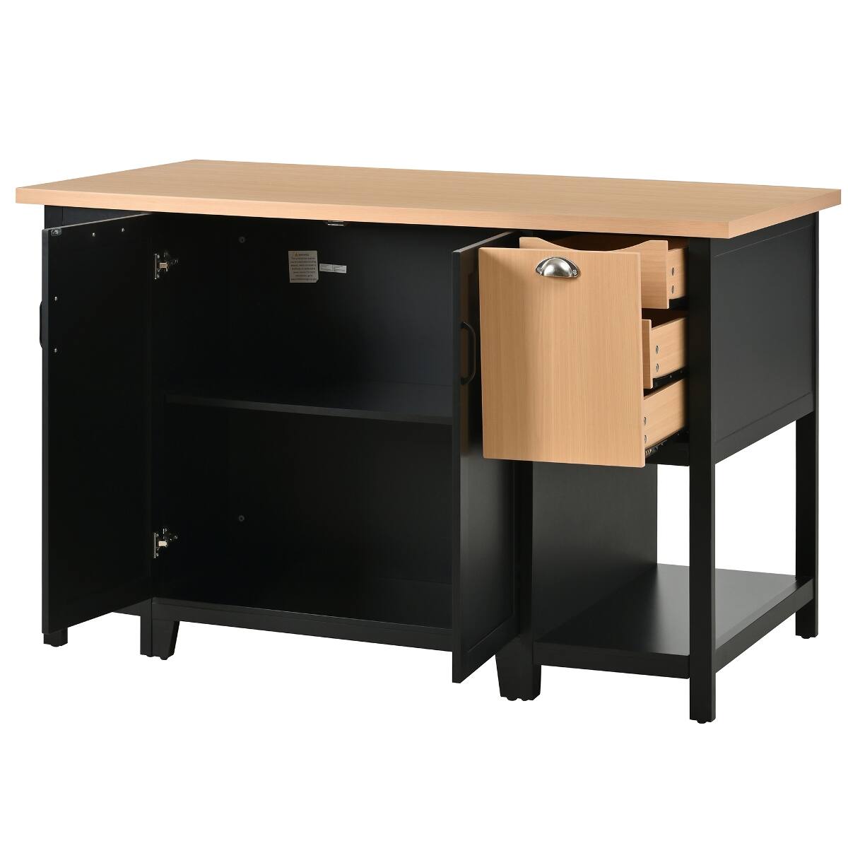 Alt View 6. Loheer - Loheer 58 inch freestanding kitchen island, kitchen prep table with storage, black and natural wood tone - Black + Natural.