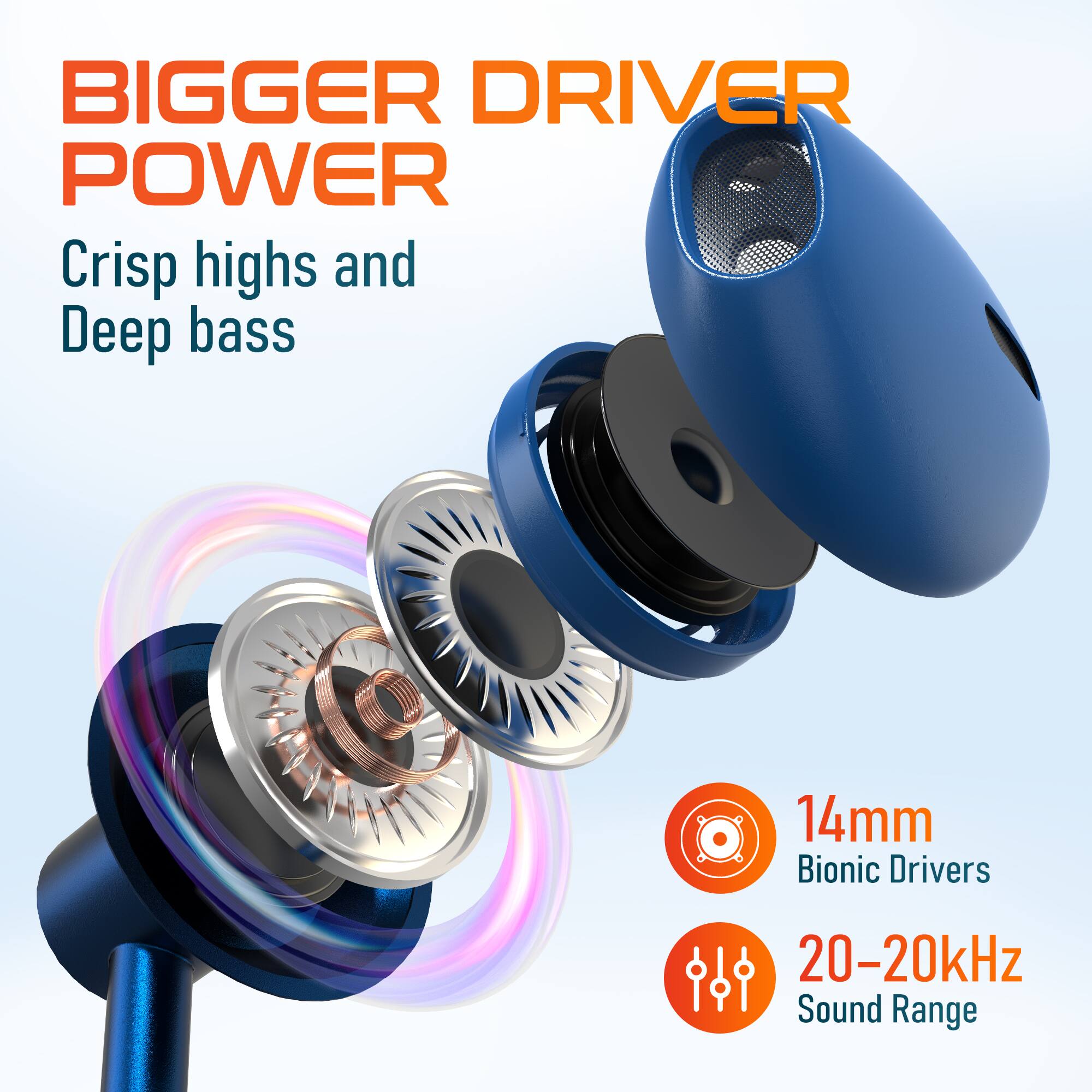 BIGGER DRIVER POWER  
Crisp highs and Deep bass  
14mm Bionic Drivers  
20-20kHz Sound Range