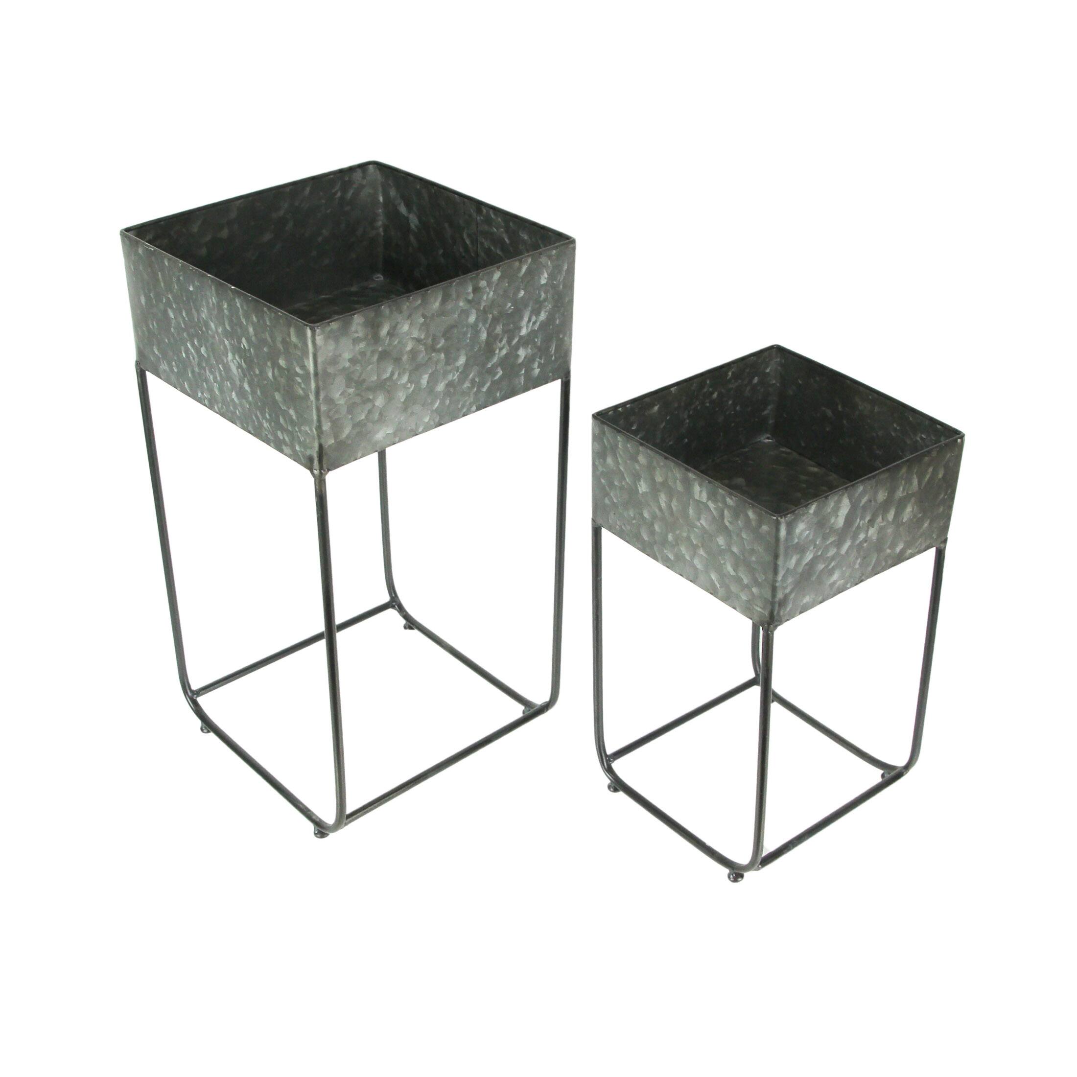 Alt View 1. Zeckos - Set of 2 Galvanized Zinc Finish Square Metal Planters On Stands - Grey.