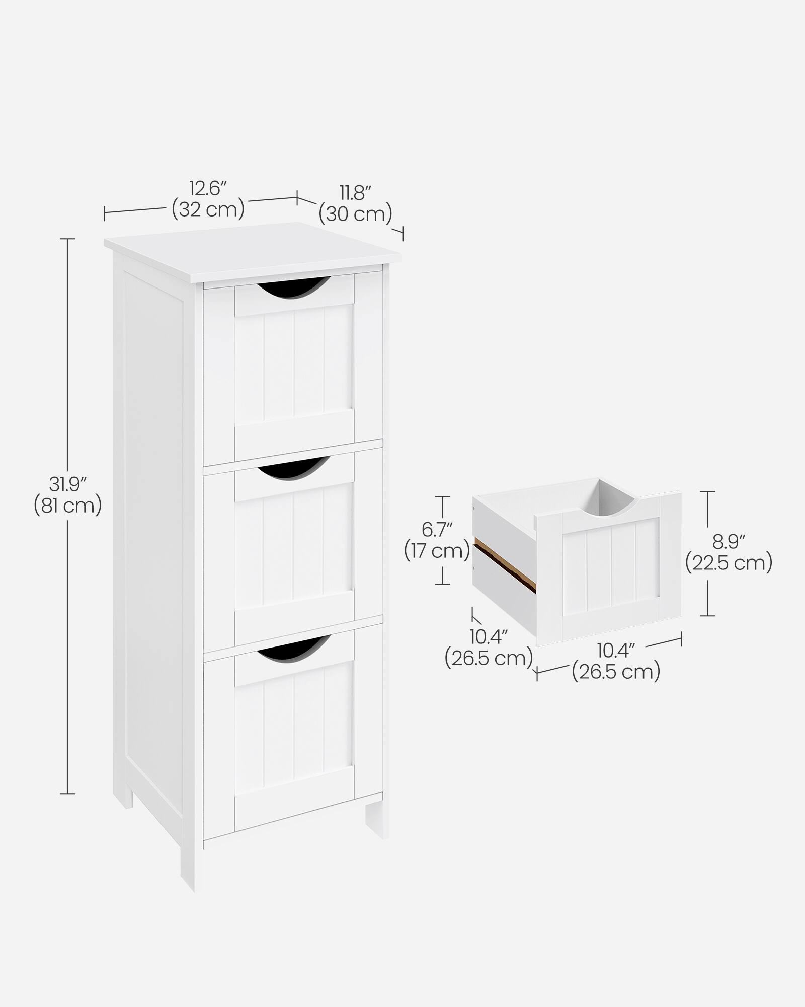12.6" (32 cm)  
11.8" (30 cm)  
31.9" (81 cm)  
6.7" (17 cm)  
10.4" (26.5 cm)  
8.9" (22.5 cm)  
10.4" (26.5 cm)