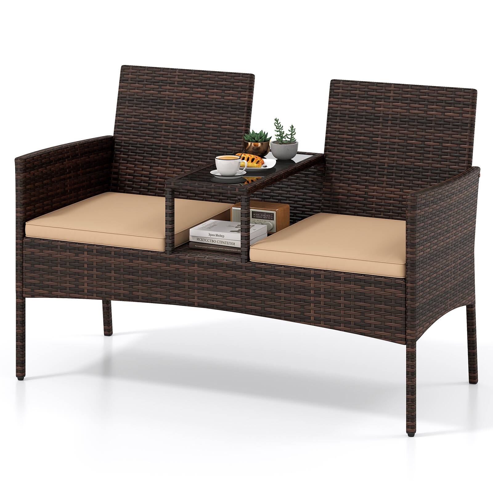 Alt View 1. Costway - Costway Patio Loveseat Wicker 2-Seat Conversation Set with Built-in Coffee Table, Cushions - Mixed Brown + Khaki.
