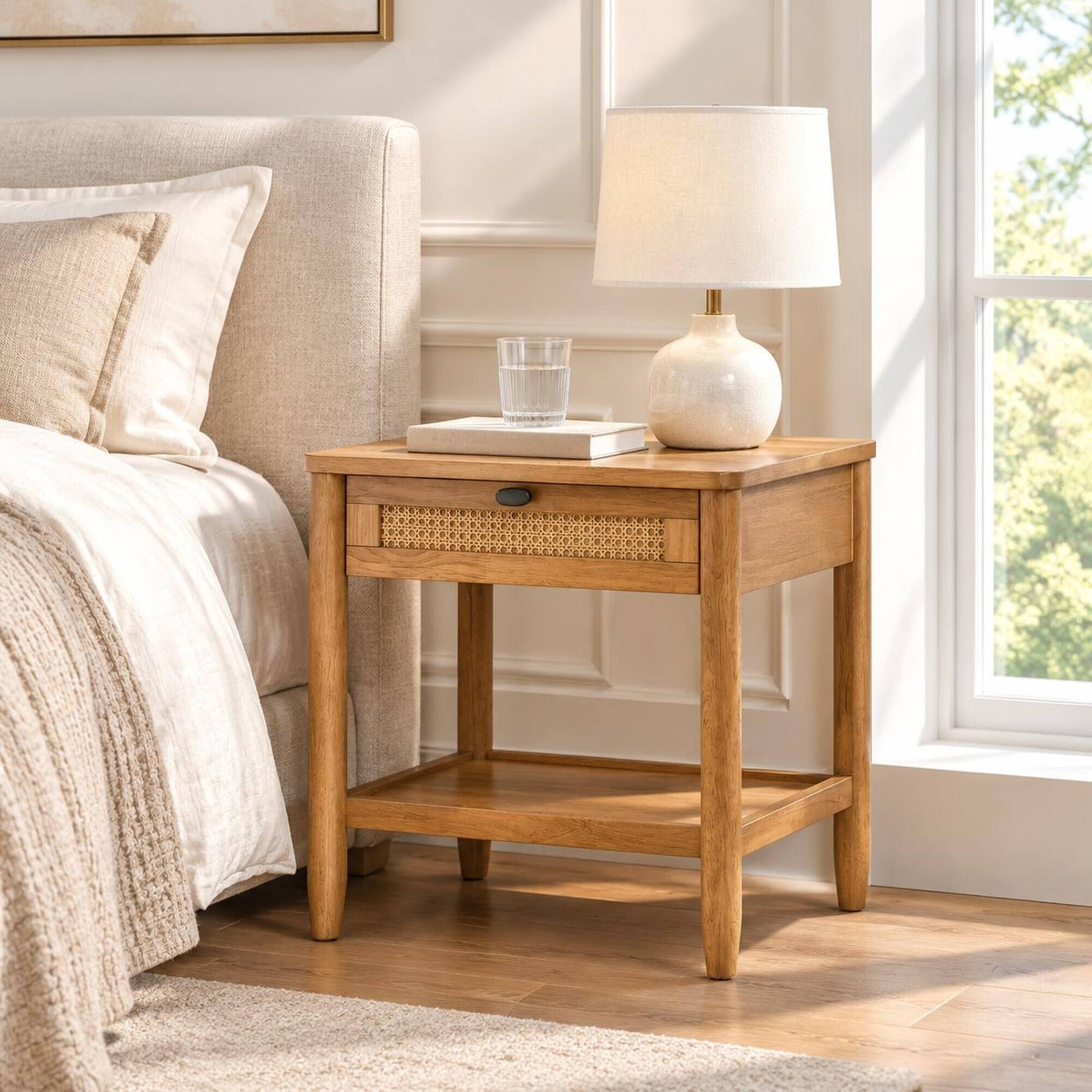 Front. RYHNUYNE - Single Drawer Bedroom Nightstand, Light Walnut Finish, Shelf, 17.72 in Wide, Rubberwood and MDF - Walnut.