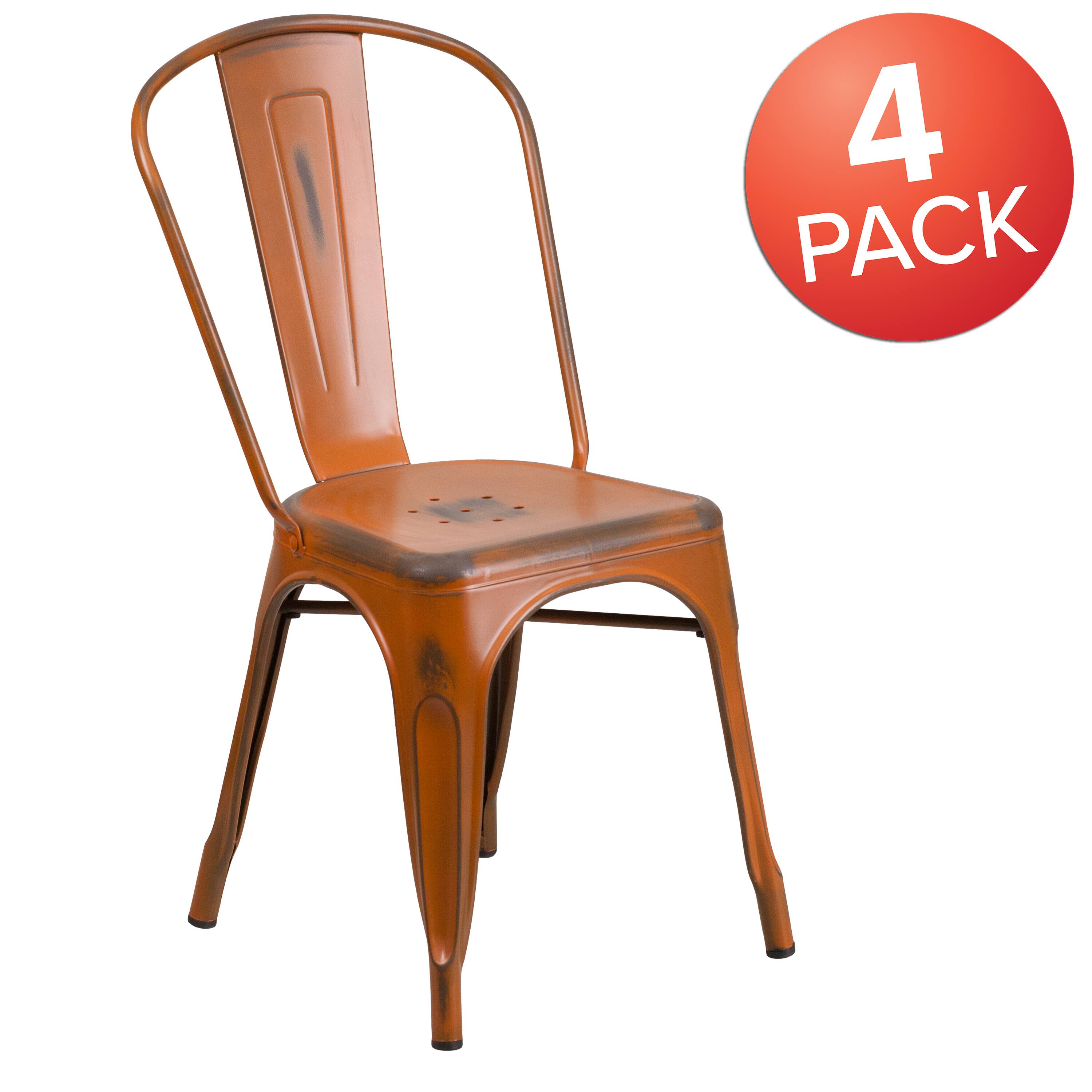 Alt View 1. Emma + Oliver - Commercial Grade 4 Pack Distressed Metal Indoor-Outdoor Stackable Chair - Orange.