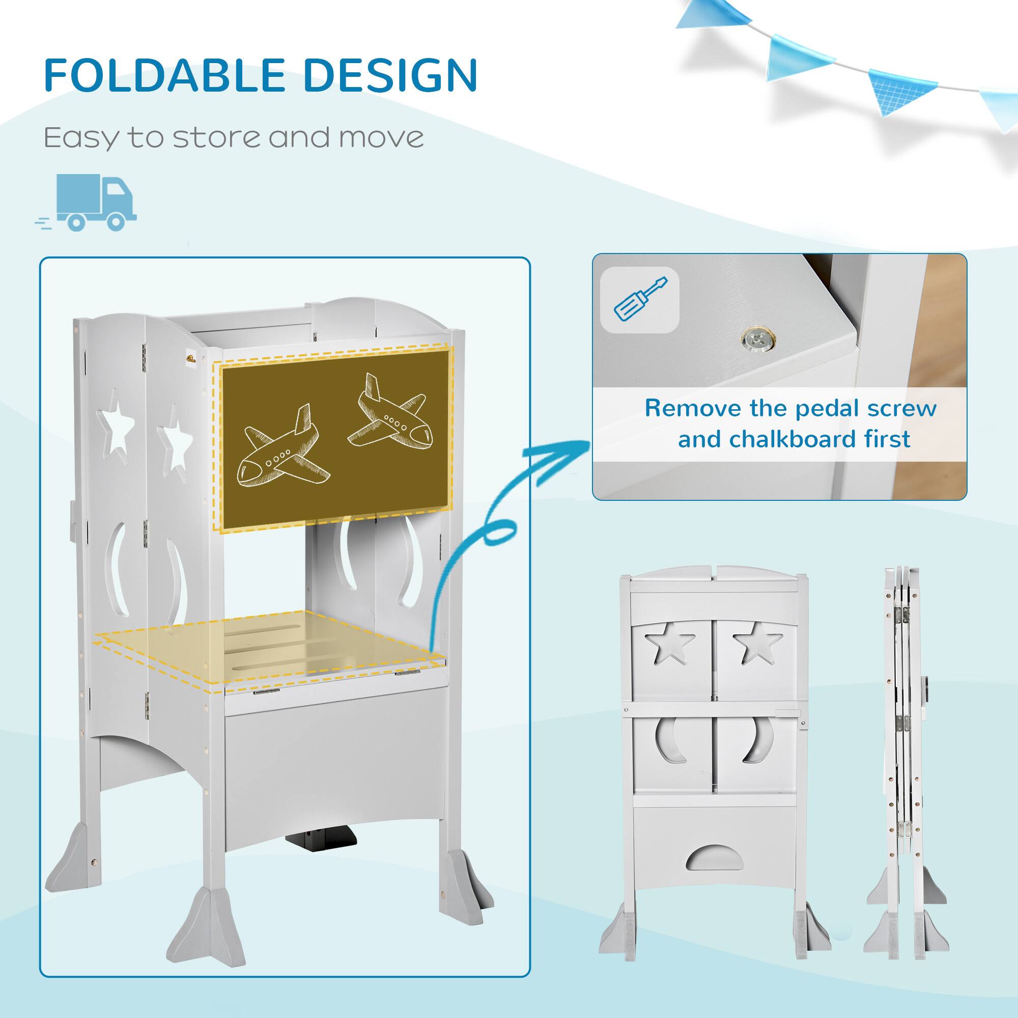 FOLDABLE DESIGN  
Easy to store and move  

Remove the pedal screw and chalkboard first