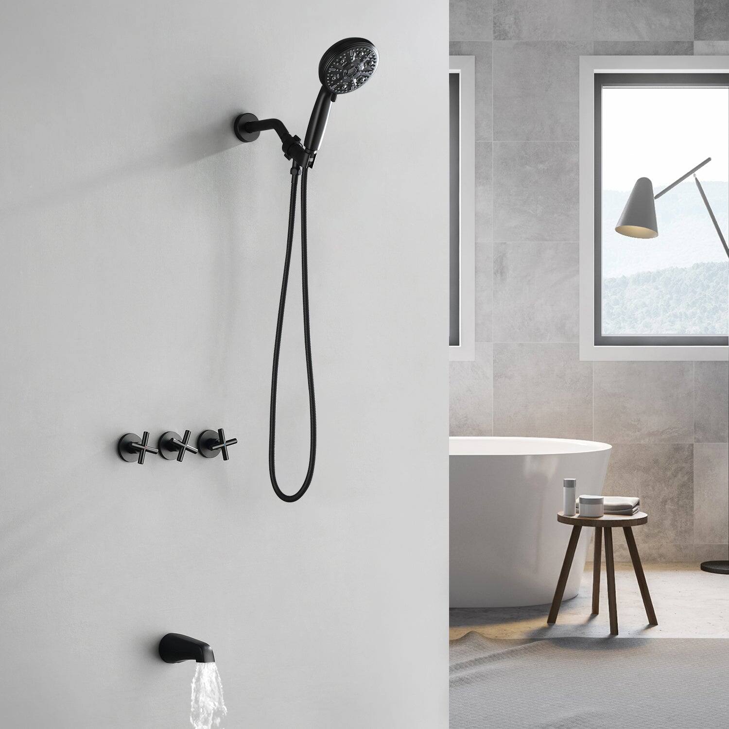Alt View 3. Boyel Living - Matte Black Shower Set with 10 Function ABS Handheld Shower Three Handle Control and High Flow Tub Spout - Matte Black.
