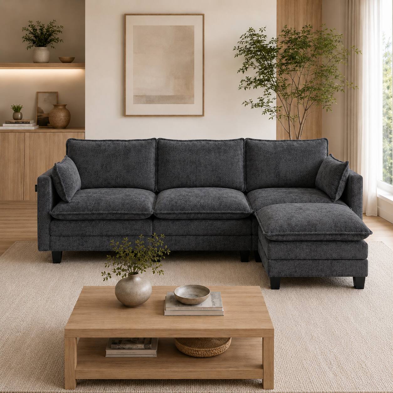 Angle. Anysun - Modern Chenille 3-Seat Couch with Matching Ottoman, Built-in USB Ports and Side Pockets - Black.