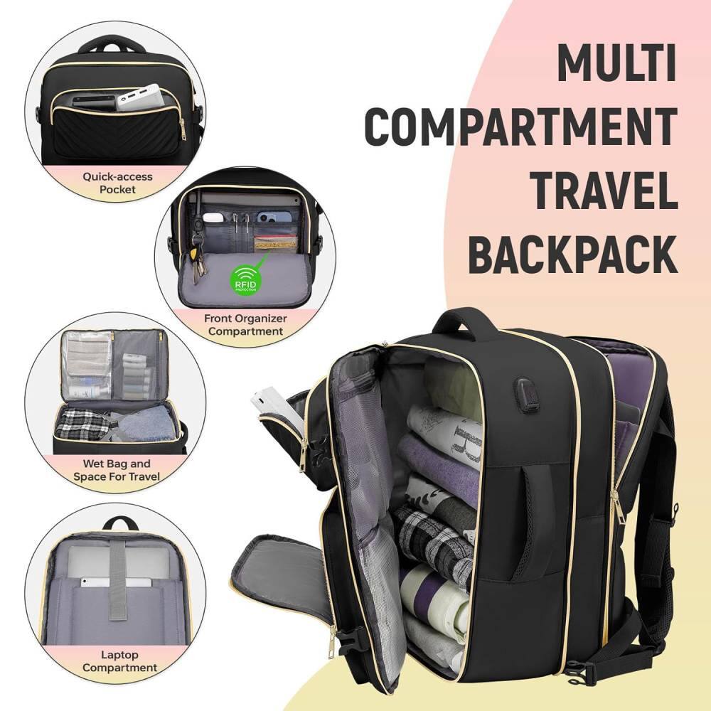 MULTI COMPARTMENT TRAVEL BACKPACK

- Quick-access Pocket
- Front Organizer Compartment
- Wet Bag and Space For Travel
- Laptop Compartment