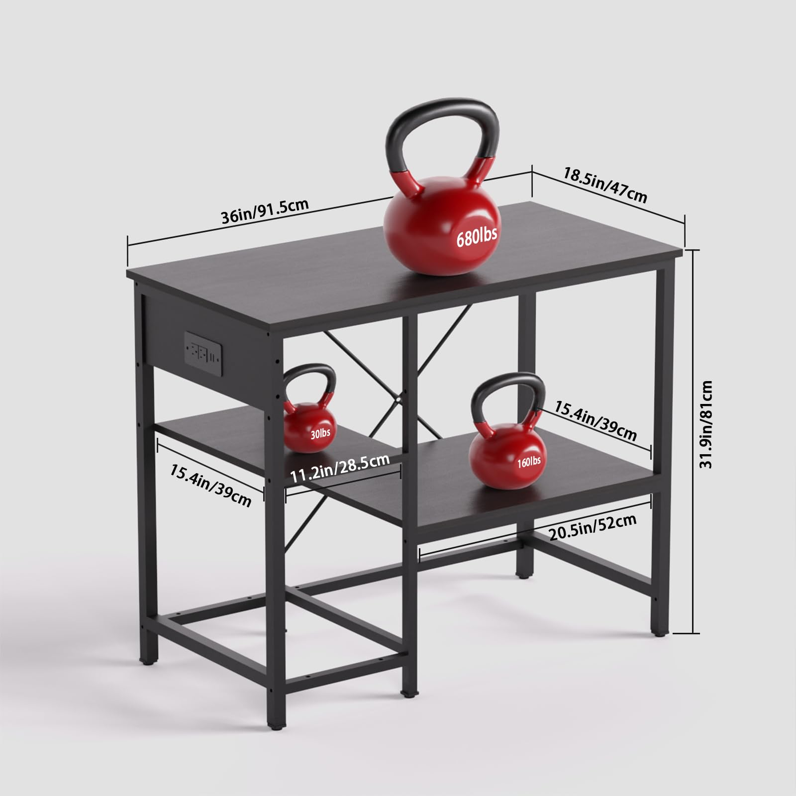 36in/91.5cm  
680lbs  
18.5in/47cm  

30lbs  
11.2in/28.5cm  

15.4in/39cm  
15.4in/39cm  

160lbs  
20.5in/52cm  
31.9in/81cm