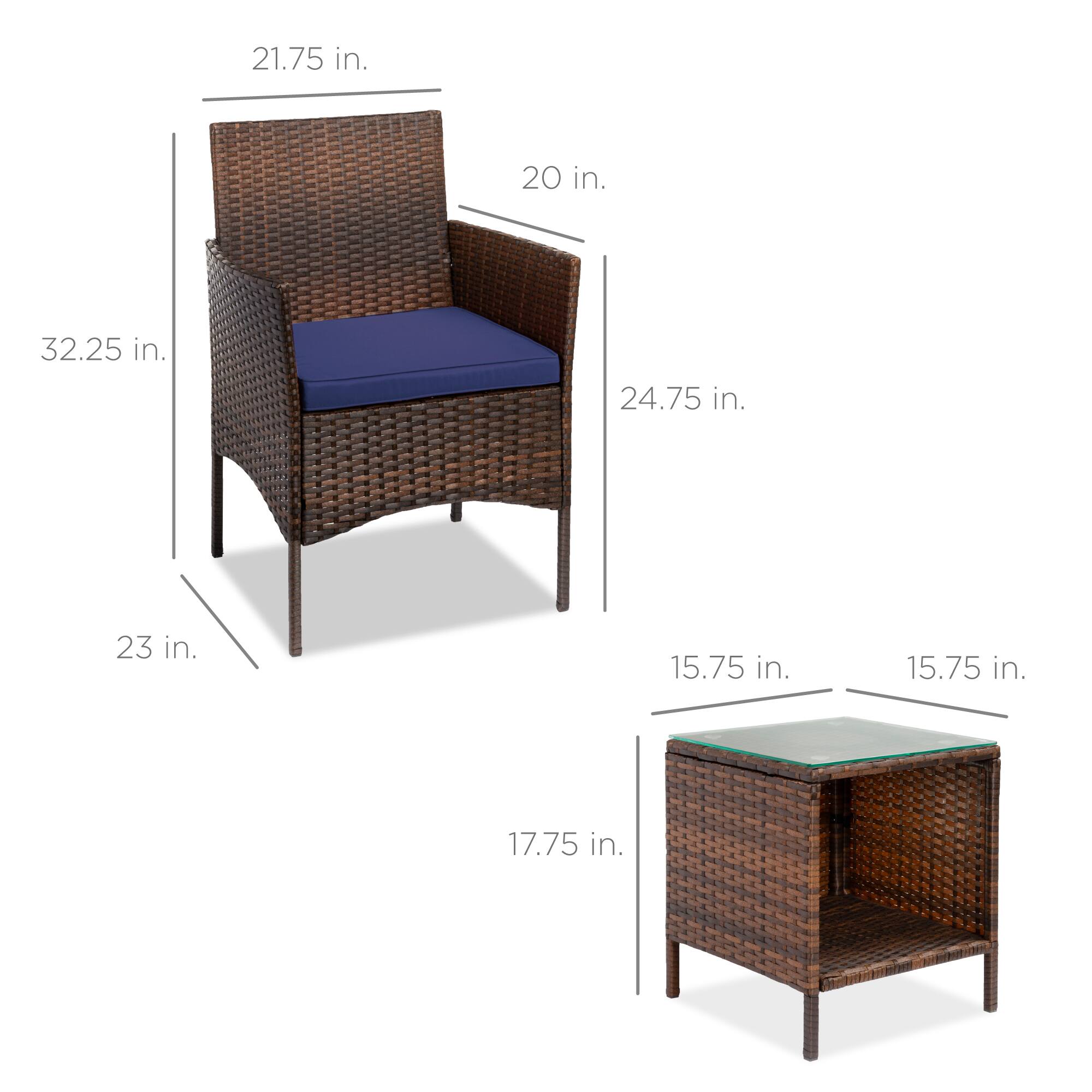 - Chair:
  - Height: 32.25 in.
  - Width: 21.75 in.
  - Depth: 24.75 in.
  - Seat Height: 17.75 in.
  - Armrest Height: 20 in.
  - Seat Depth: 23 in.

- Table:
  - Height: 15.75 in.
  - Width: 15.75 in.