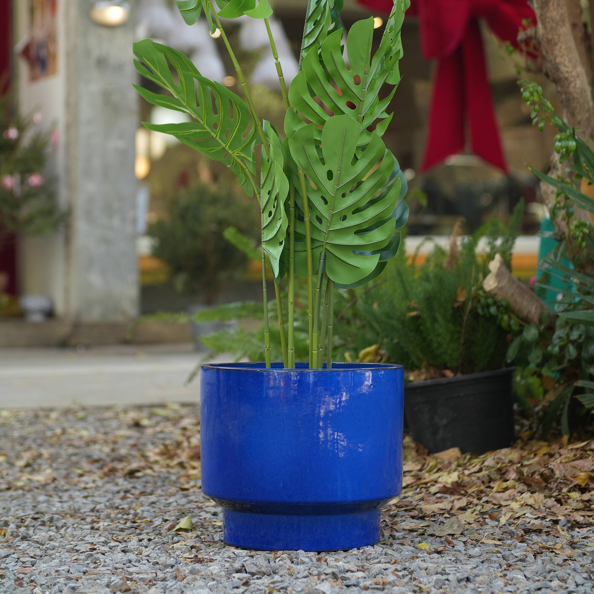 Left. Loheer - Ceramic Planter Set Loheer Handmade Blue Glazed Flower Pots Set of 3, Porous Clay Indoor Outdoor Planters, 15 12 9 Inch.