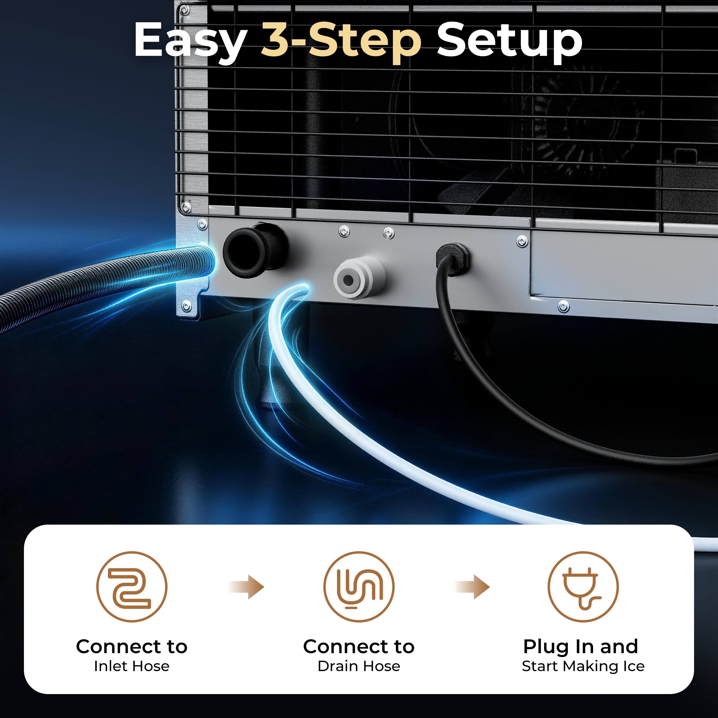 Easy 3-Step Setup

1. Connect to Inlet Hose
2. Connect to Drain Hose
3. Plug In and Start Making Ice