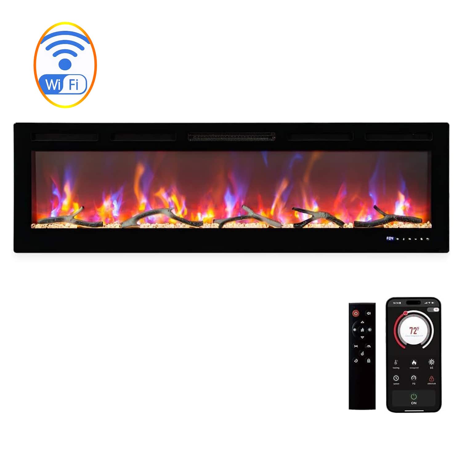 Qeetex - 88 Inch Electric Fireplace Heater WIFI & Alexa Recessed & Wall Mounted Fireplace 750/1500w