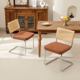 KERDOM - Rattan Dining Chairs 2 Pcs Set, Corduroy Kitchen Side Chair, Minimalist Cantilever Seat, Farmhouse Wicker Accent Chair - Brown