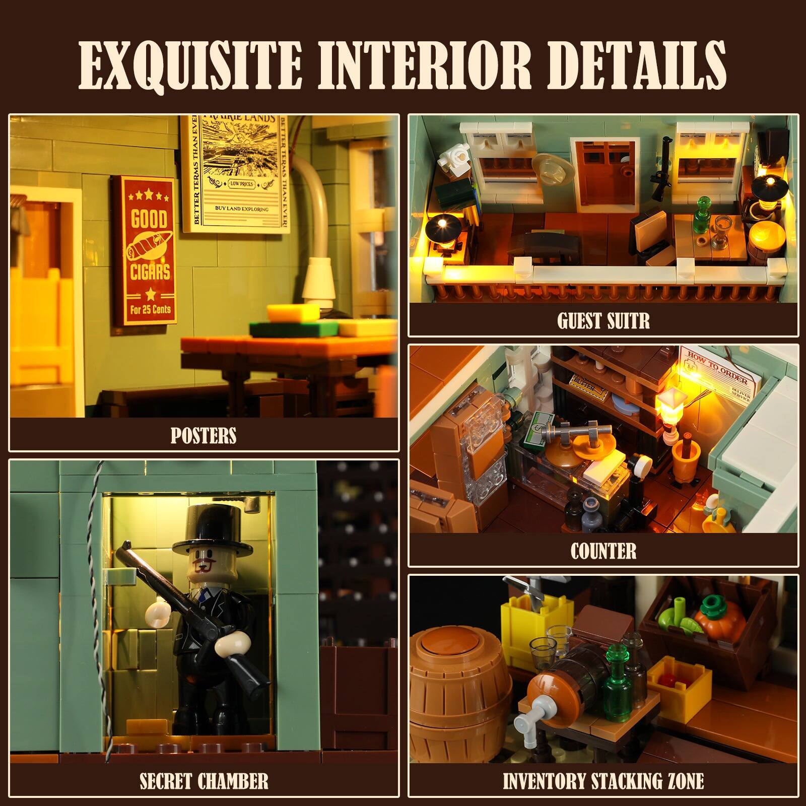 EXQUISITE INTERIOR DETAILS

- POSTERS
- GUEST SUITR
- COUNTER
- SECRET CHAMBER
- INVENTORY STACKING ZONE