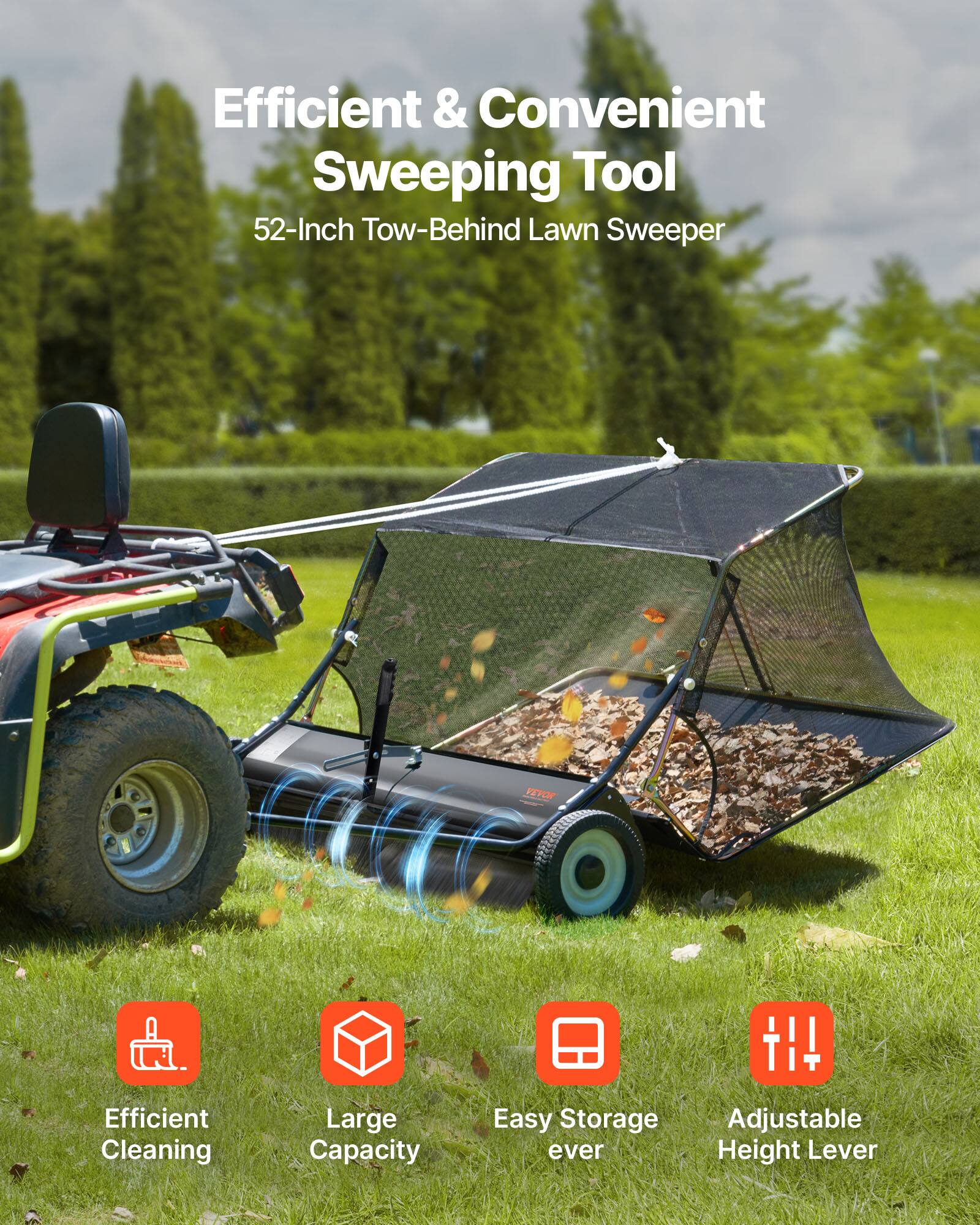 Efficient & Convenient Sweeping Tool  
52-Inch Tow-Behind Lawn Sweeper  

Efficient Cleaning  
Large Capacity  
Easy Storage  
Adjustable Height Lever